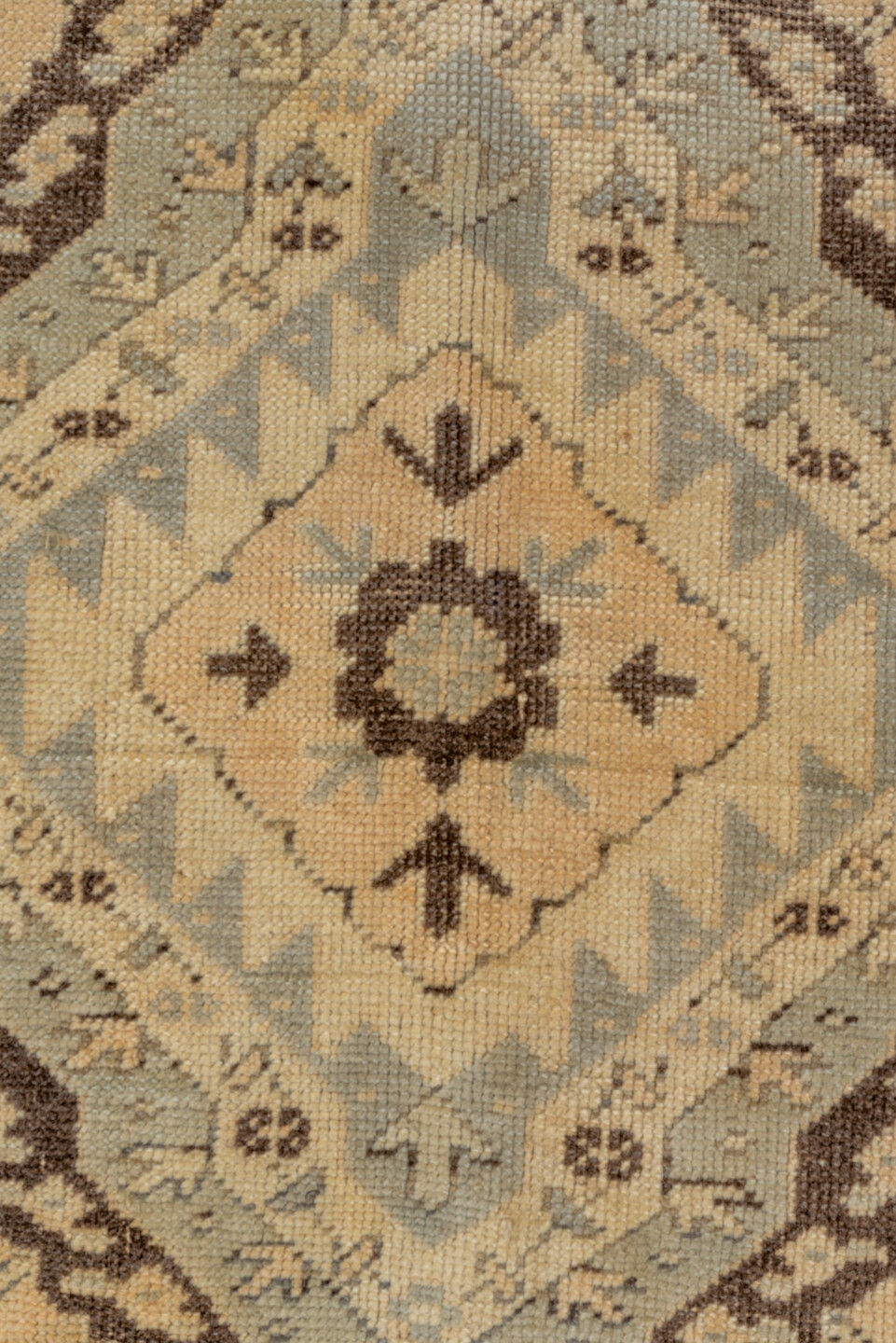 6' x 9' one-of-a-kind handmade vintage Oushak medium size rug. Color palette: ivory, pale blue, brown, taupe, cream