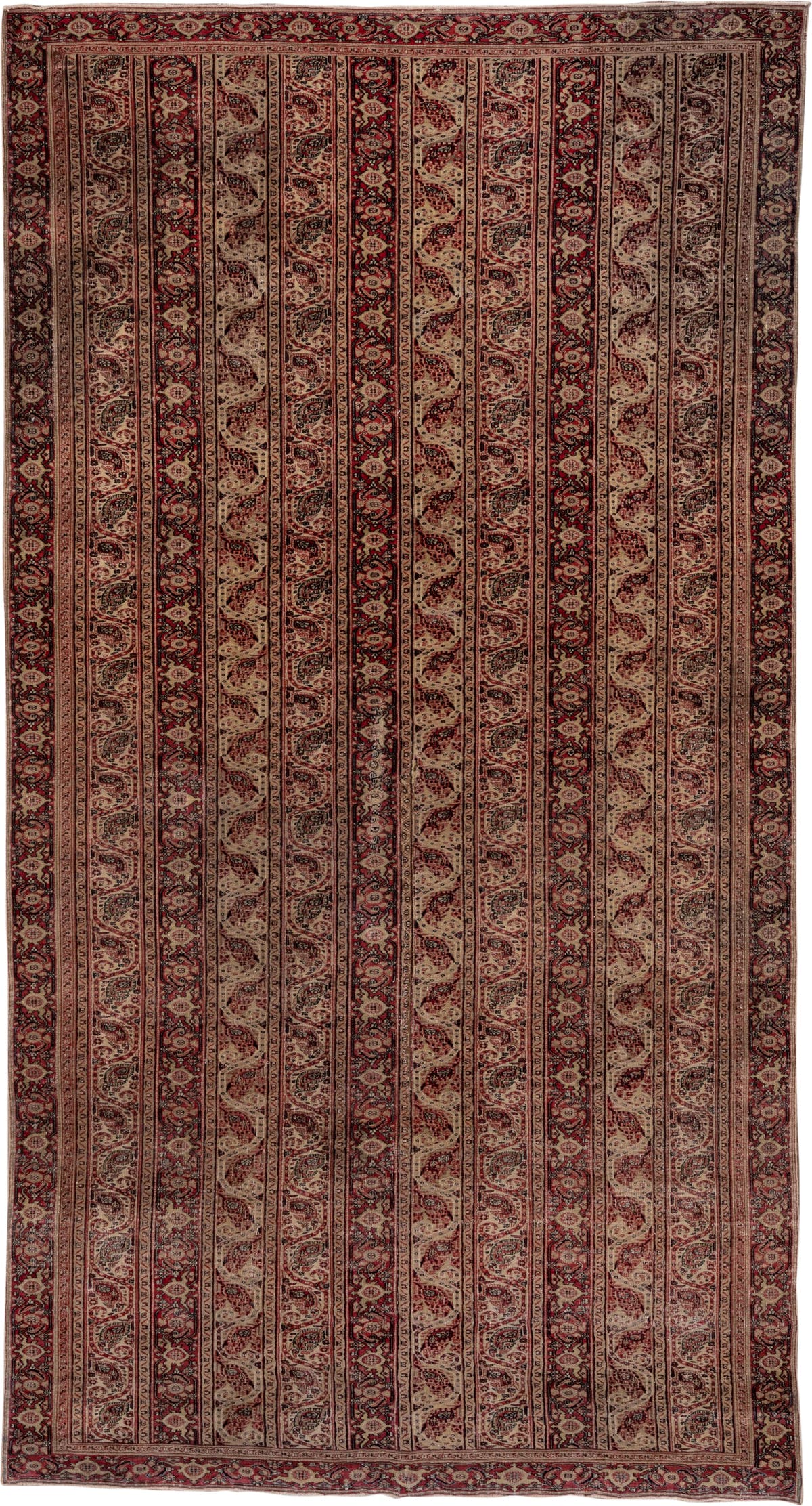4' x 8' one-of-a-kind handmade vintage Khorassan rug. Color palette: ivory, rust, burgundy, rose, brown, charcoal