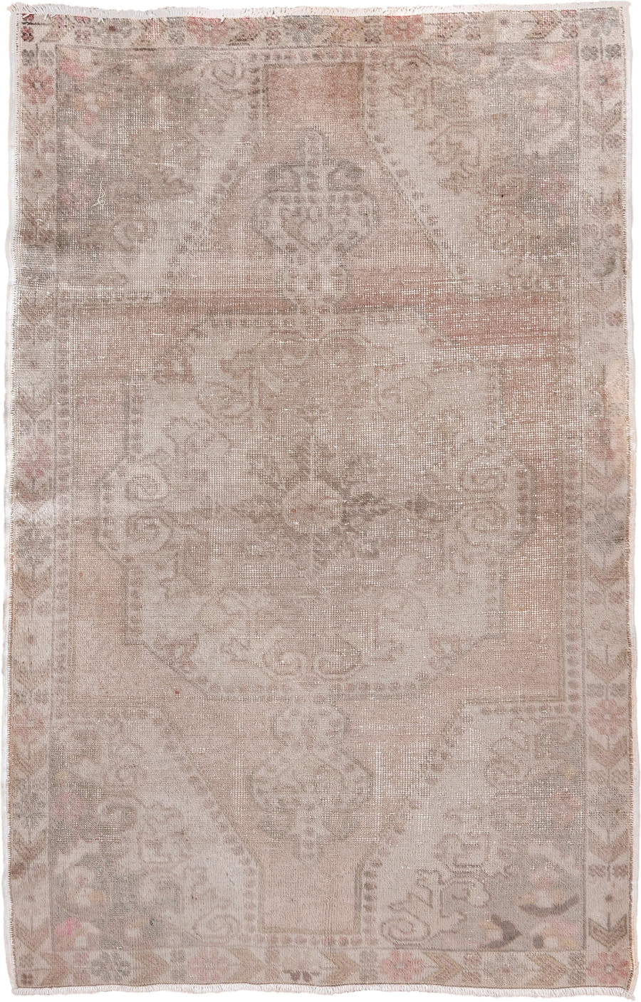 4' x 7' one-of-a-kind handmade vintage Oushak rug. Color palette: blush, taupe, ivory, beige, rose, camel, sage, pink, gray