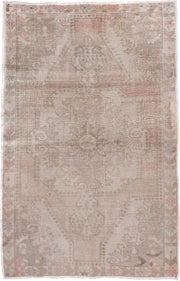4' x 7' one-of-a-kind handmade vintage Oushak rug. Color palette: blush, taupe, ivory, beige, rose, camel, sage, pink, gray
