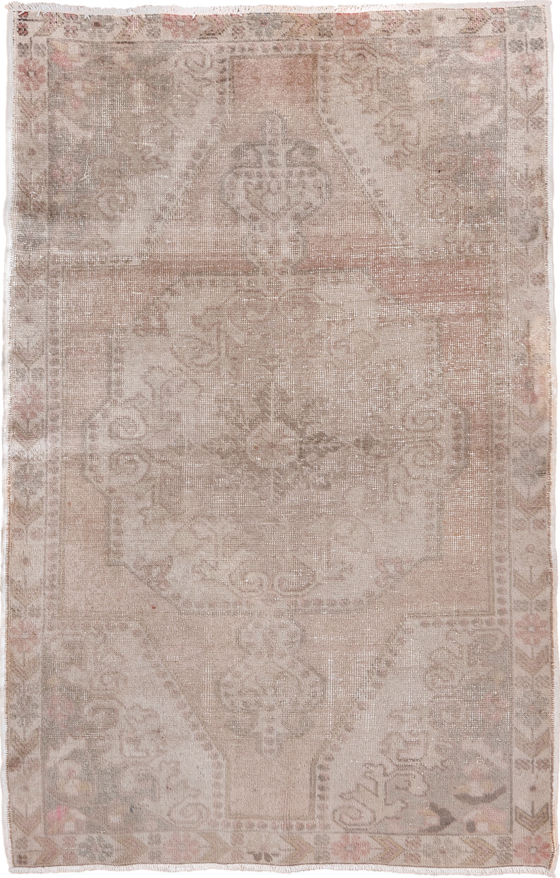 4' x 7' one-of-a-kind handmade vintage Oushak rug. Color palette: blush, taupe, ivory, beige, rose, camel, sage, pink, gray