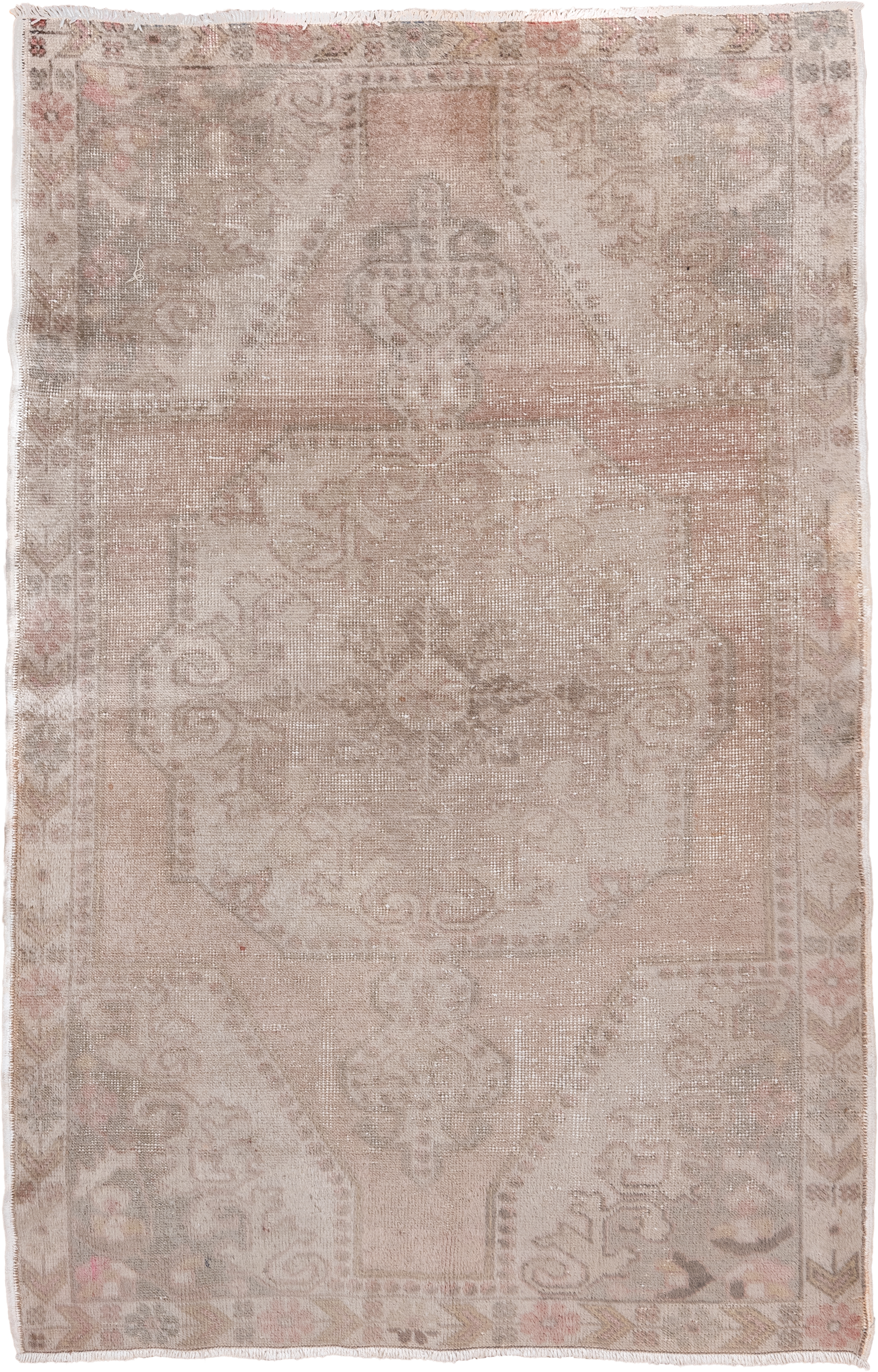 4' x 7' one-of-a-kind handmade vintage Oushak rug. Color palette: blush, taupe, ivory, beige, rose, camel, sage, pink, gray