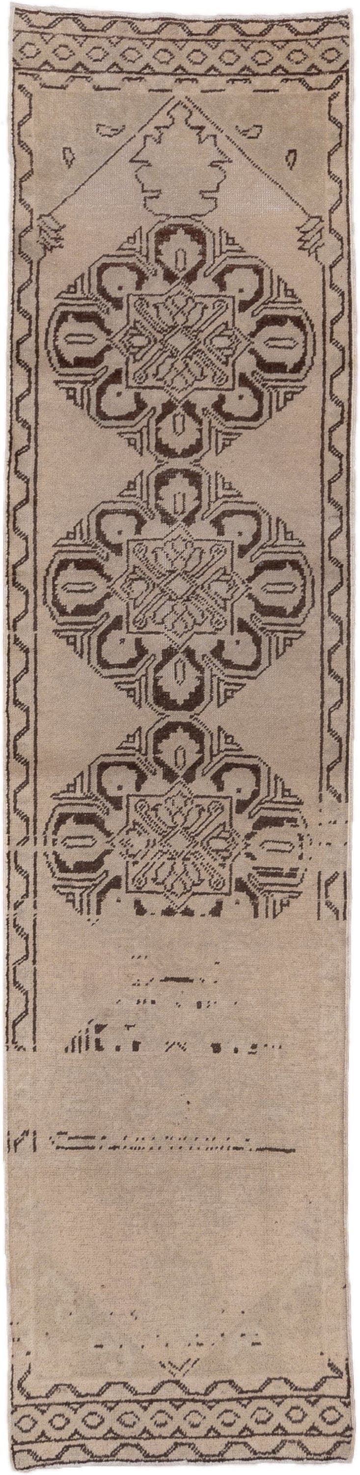 2' x 10' one-of-a-kind handmade vintage Oushak runner rug. Color palette: beige, taupe, charcoal, ivory, gray, black