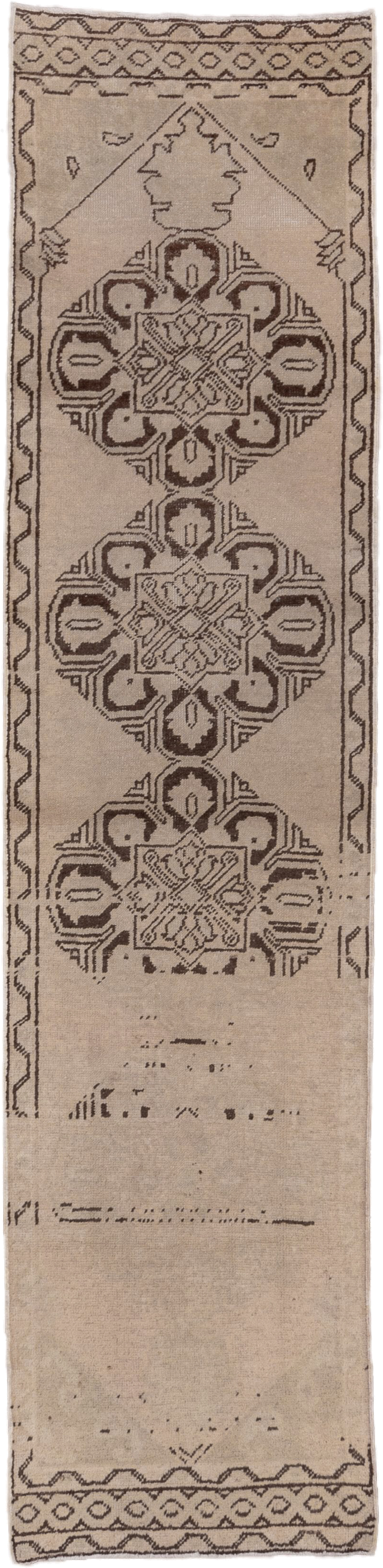 2' x 10' one-of-a-kind handmade vintage Oushak runner rug. Color palette: beige, taupe, charcoal, ivory, gray, black