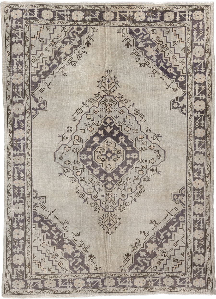 6' x 8' one-of-a-kind handmade vintage Oushak medium size rug. Color palette: ivory, taupe, charcoal, stone, greige, beige