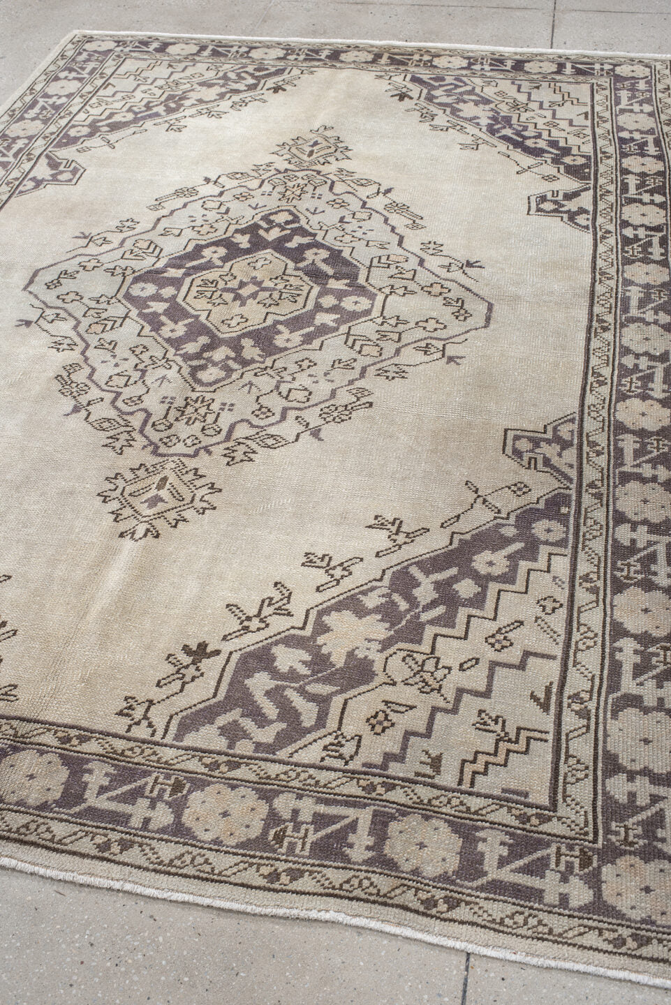 6' x 8' one-of-a-kind handmade vintage Oushak medium size rug. Color palette: ivory, taupe, charcoal, stone, greige, beige