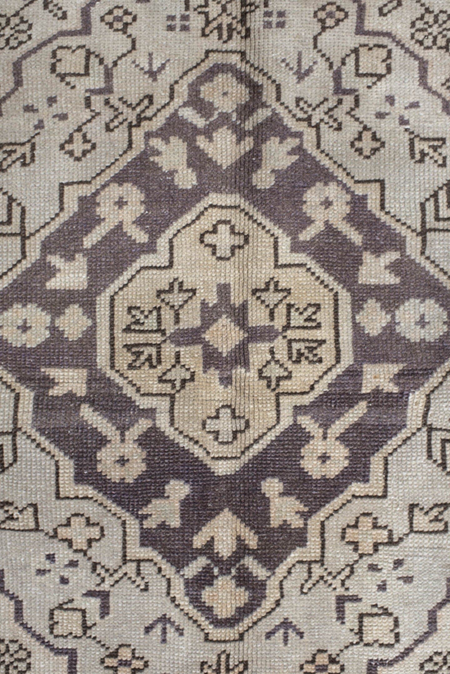 6' x 8' one-of-a-kind handmade vintage Oushak medium size rug. Color palette: ivory, taupe, charcoal, stone, greige, beige