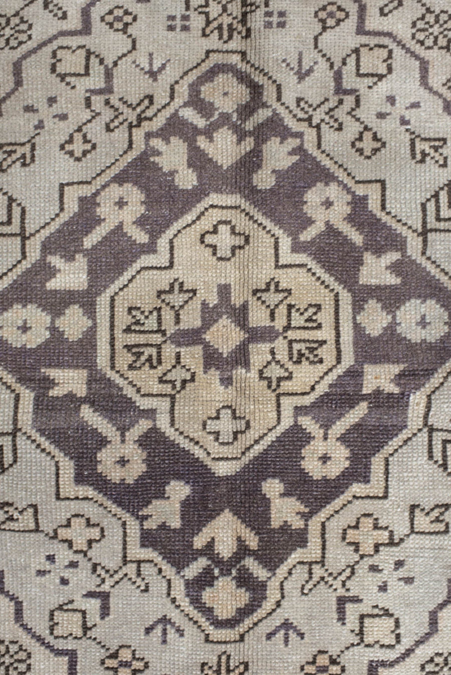 6' x 8' one-of-a-kind handmade vintage Oushak medium size rug. Color palette: ivory, taupe, charcoal, stone, greige, beige