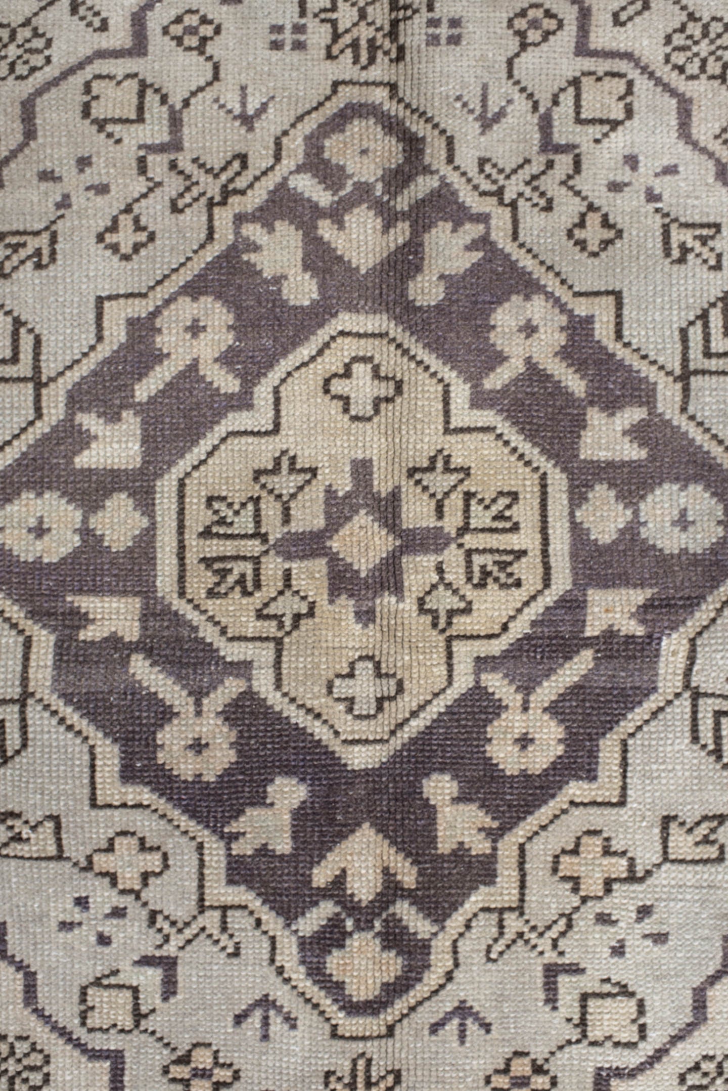 6' x 8' one-of-a-kind handmade vintage Oushak medium size rug. Color palette: ivory, taupe, charcoal, stone, greige, beige