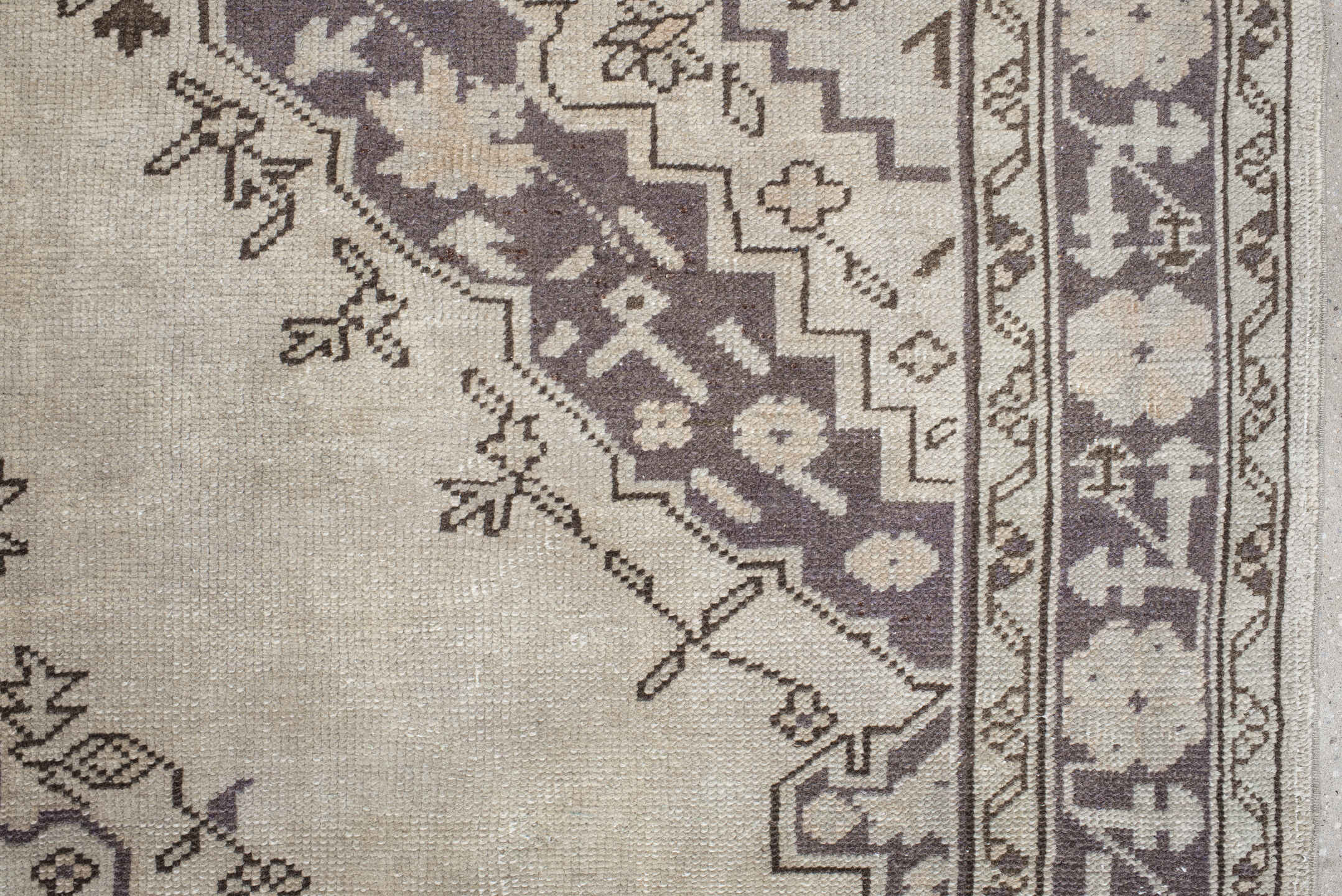 6' x 8' one-of-a-kind handmade vintage Oushak medium size rug. Color palette: ivory, taupe, charcoal, stone, greige, beige