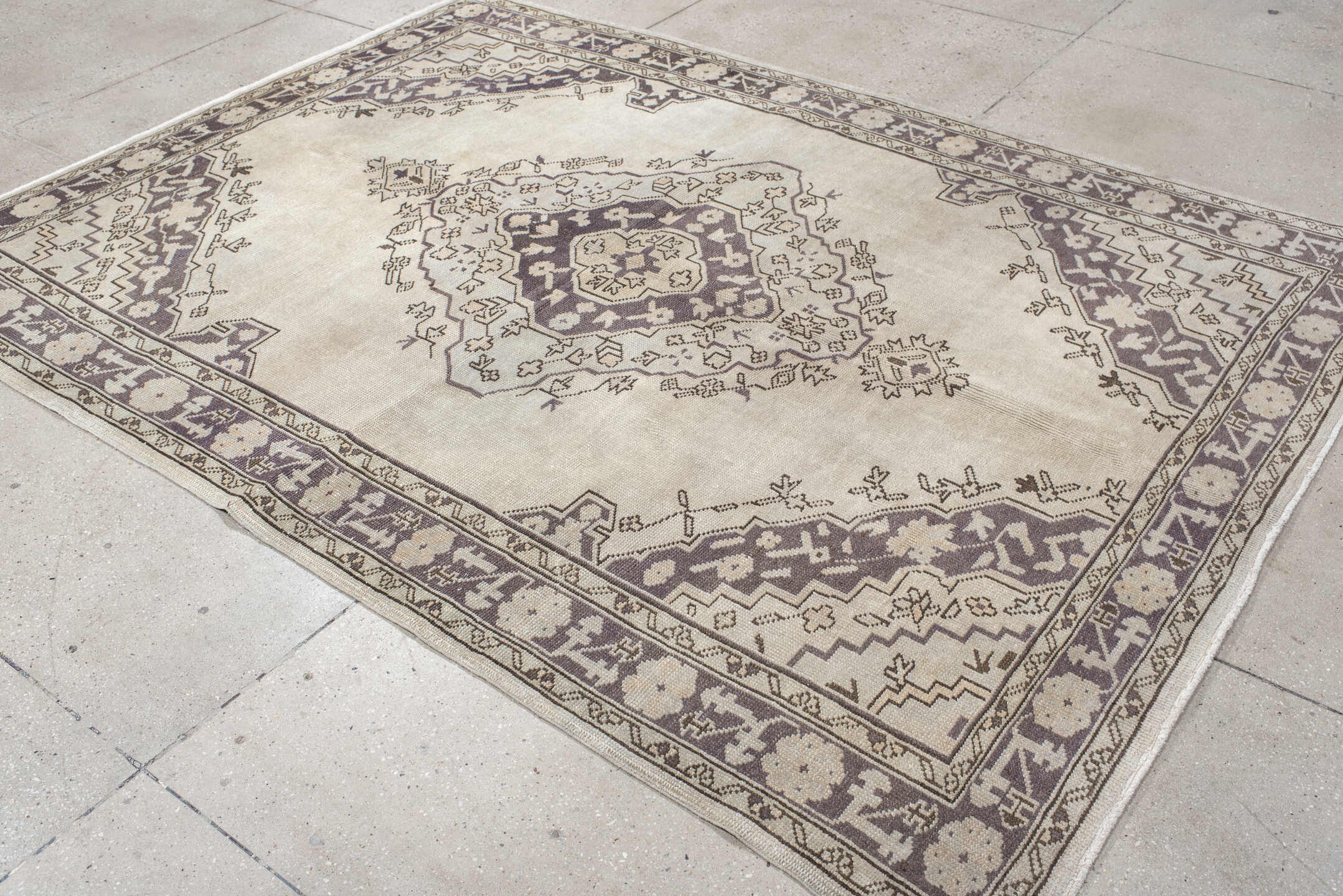 6' x 8' one-of-a-kind handmade vintage Oushak medium size rug. Color palette: ivory, taupe, charcoal, stone, greige, beige