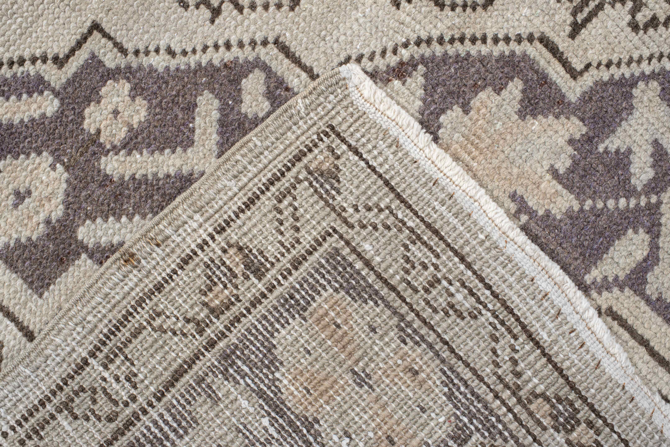 6' x 8' one-of-a-kind handmade vintage Oushak medium size rug. Color palette: ivory, taupe, charcoal, stone, greige, beige