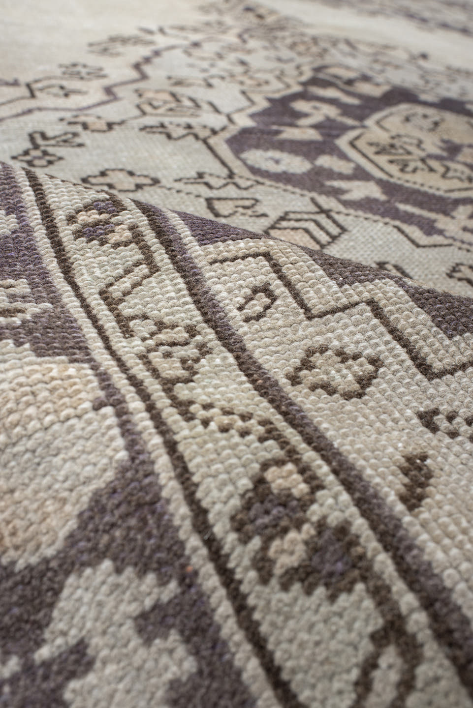 6' x 8' one-of-a-kind handmade vintage Oushak medium size rug. Color palette: ivory, taupe, charcoal, stone, greige, beige