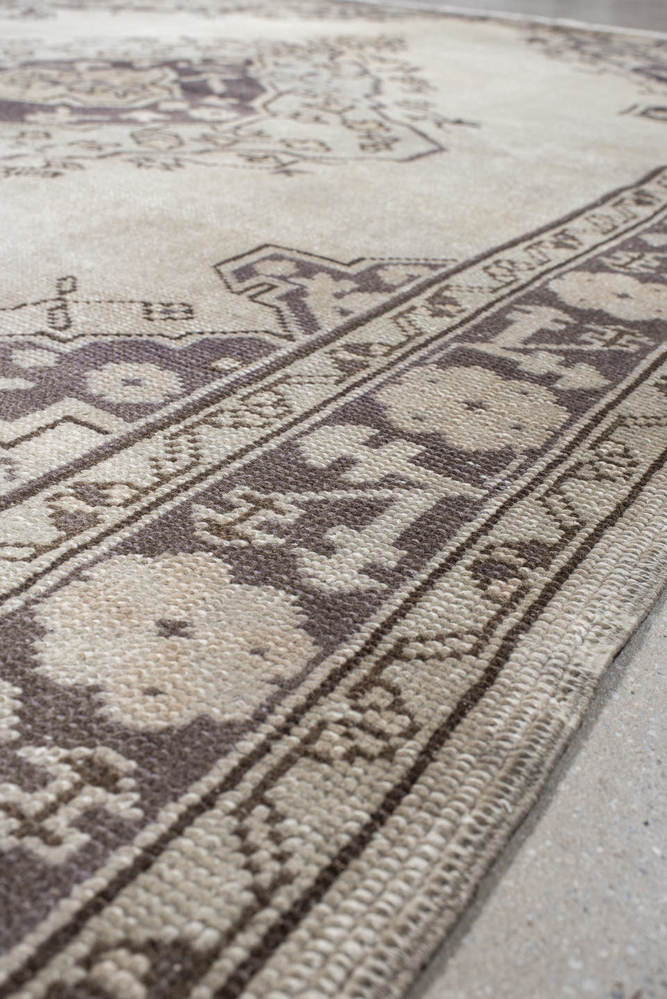 6' x 8' one-of-a-kind handmade vintage Oushak medium size rug. Color palette: ivory, taupe, charcoal, stone, greige, beige