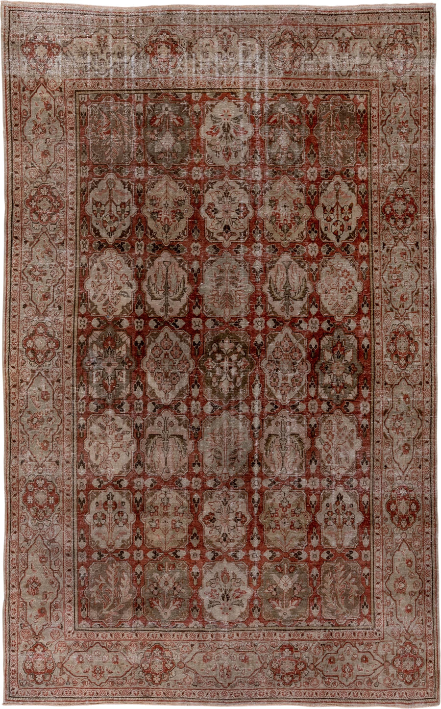 6' x 10' one-of-a-kind handmade antique Tabriz large size rug. Color palette: rust, ivory, taupe, olive, brown, rose