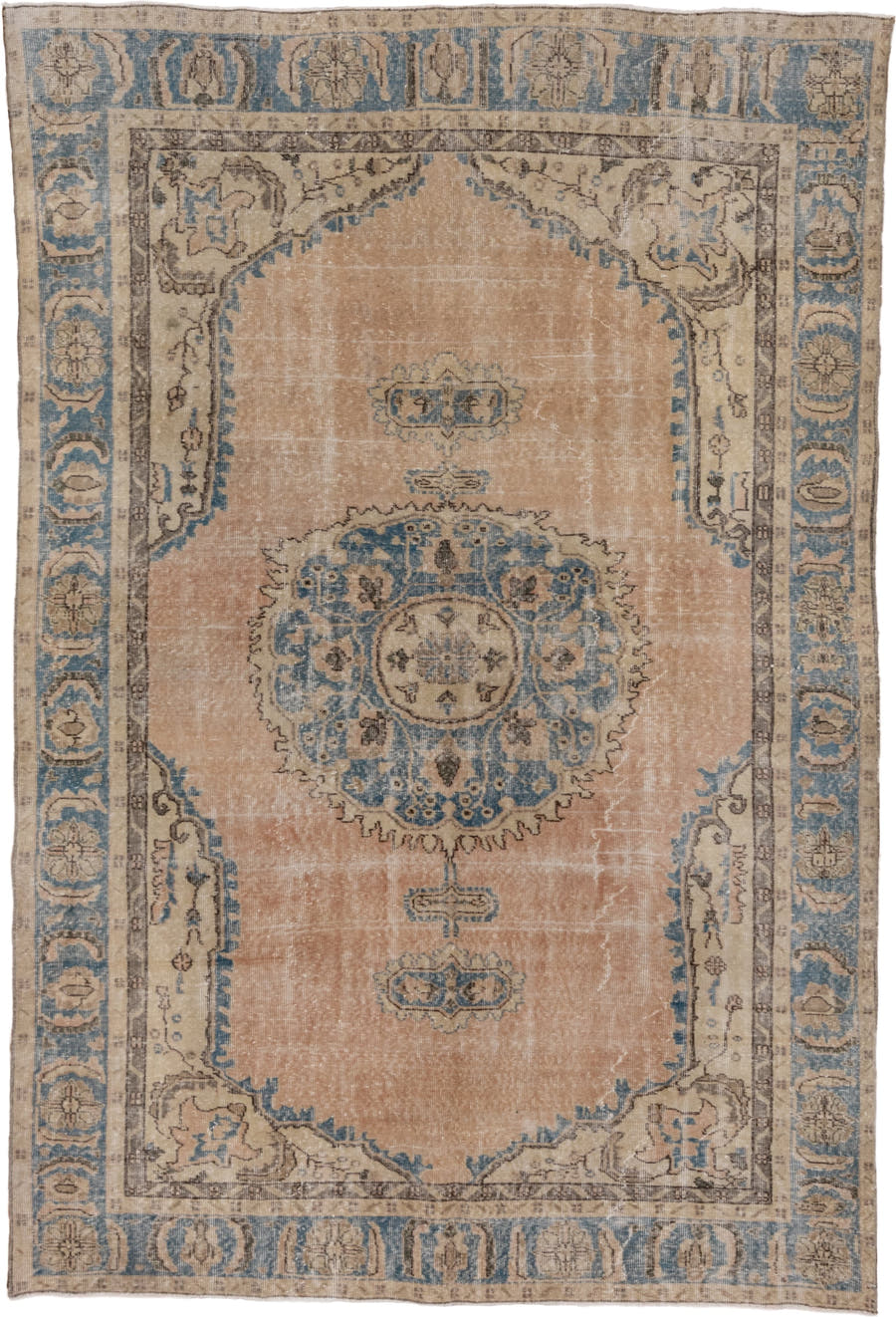 6' x 10' one-of-a-kind handmade vintage Oushak large size rug. Color palette: beige, sky blue, ivory, taupe, camel, slate