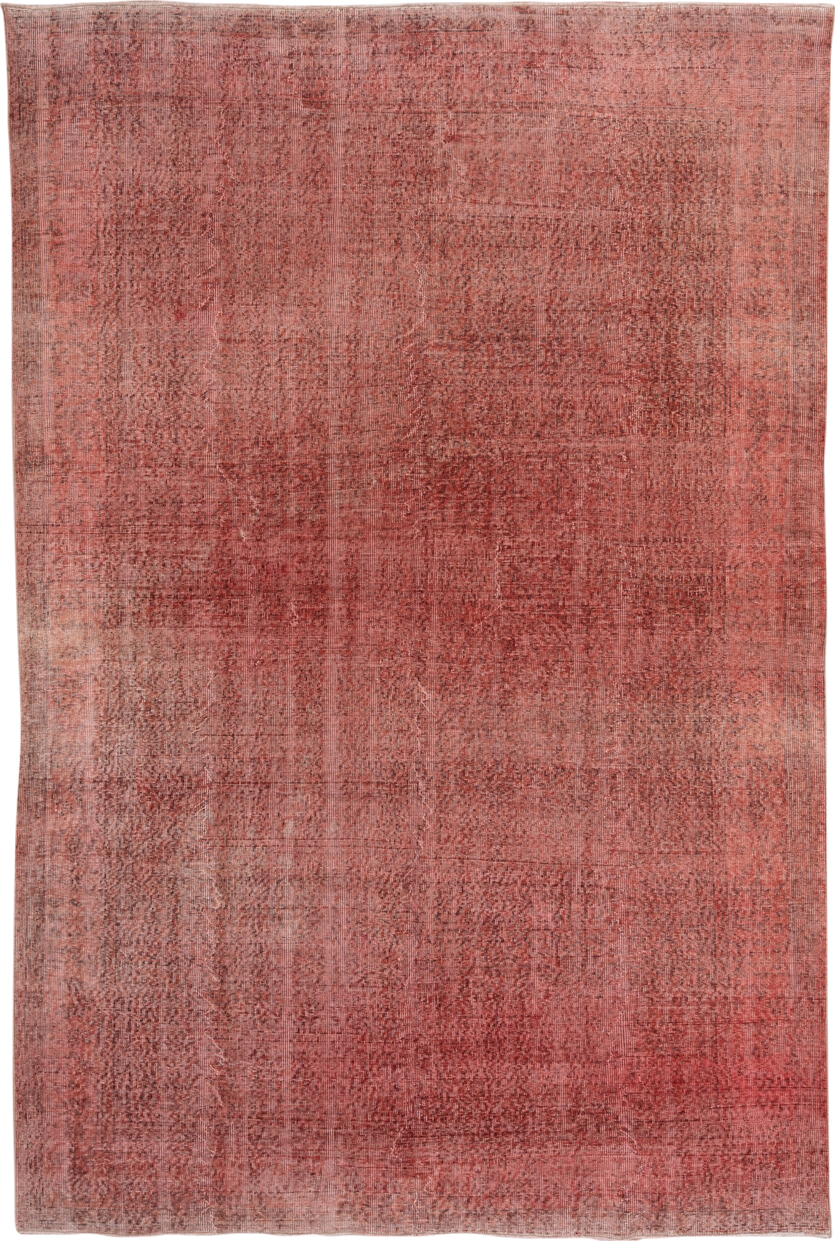 6' x 9' one-of-a-kind handmade vintage Overdyed medium size rug. Color palette: rose, dusty coral, terra cotta, blush, brick