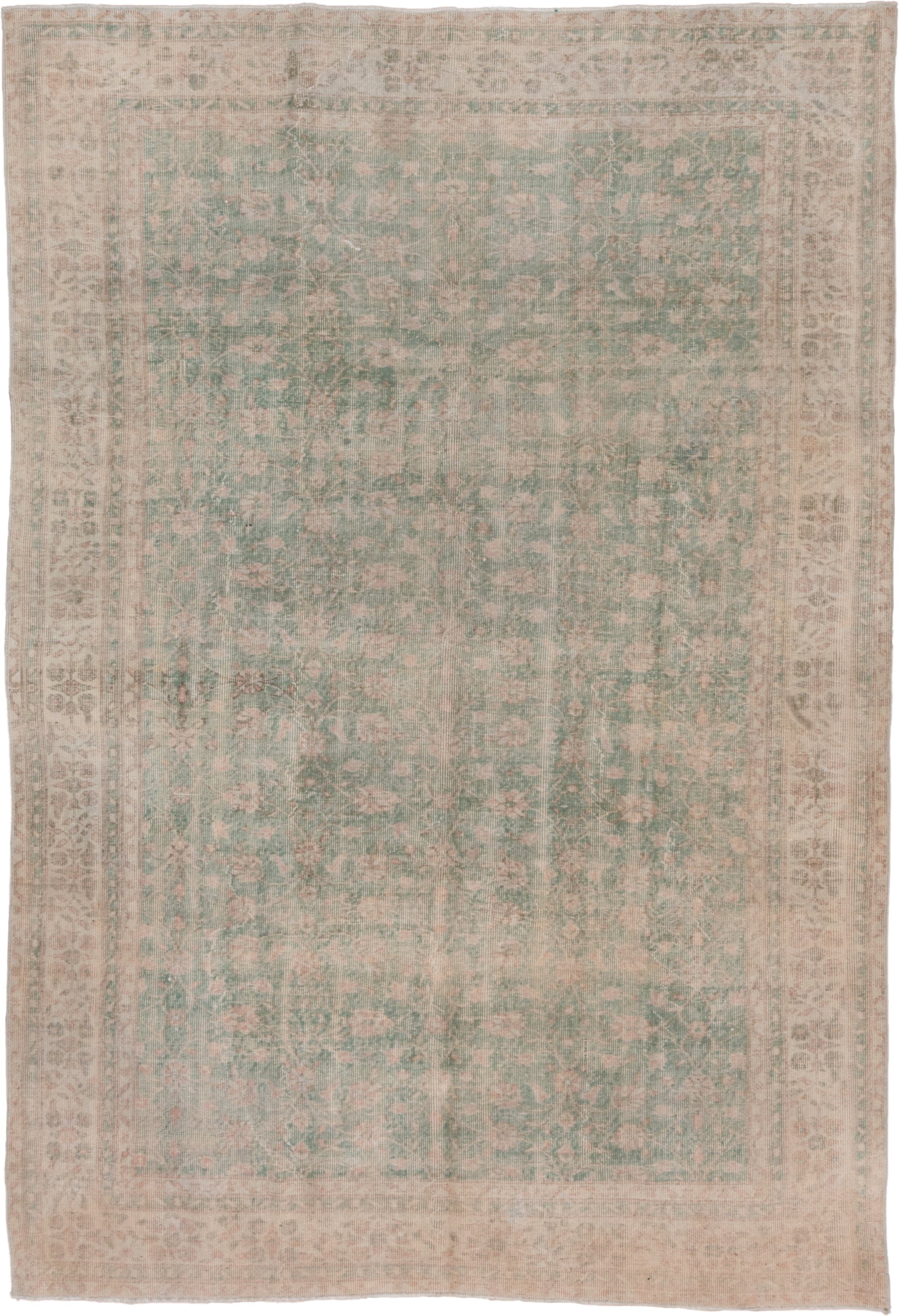 6' x 10' one-of-a-kind handmade vintage Oushak large size rug. Color palette: sage, blush, ivory, taupe, cream, green, pink