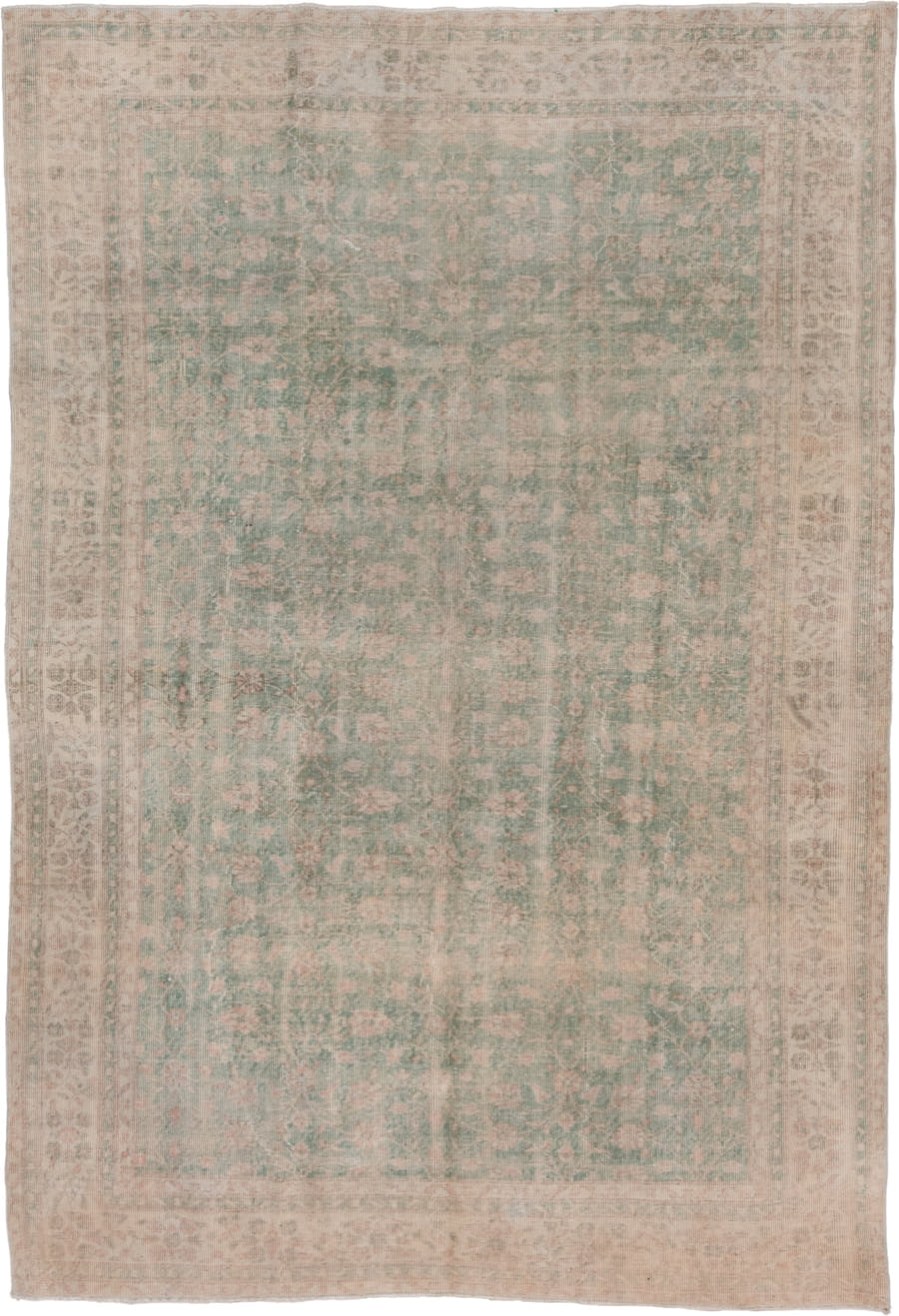 6' x 10' one-of-a-kind handmade vintage Oushak large size rug. Color palette: sage, blush, ivory, taupe, cream, green, pink