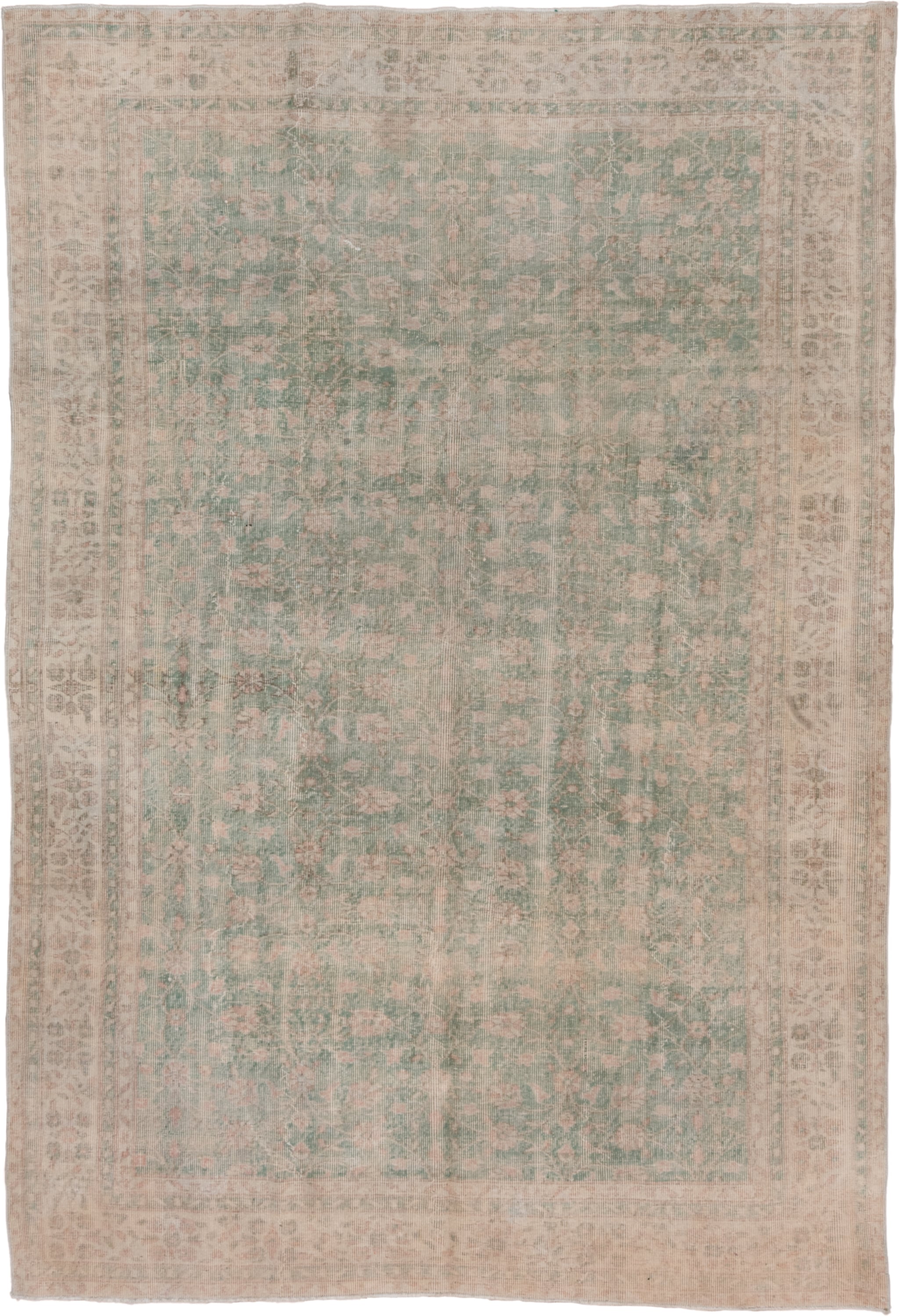 6' x 10' one-of-a-kind handmade vintage Oushak large size rug. Color palette: sage, blush, ivory, taupe, cream, green, pink