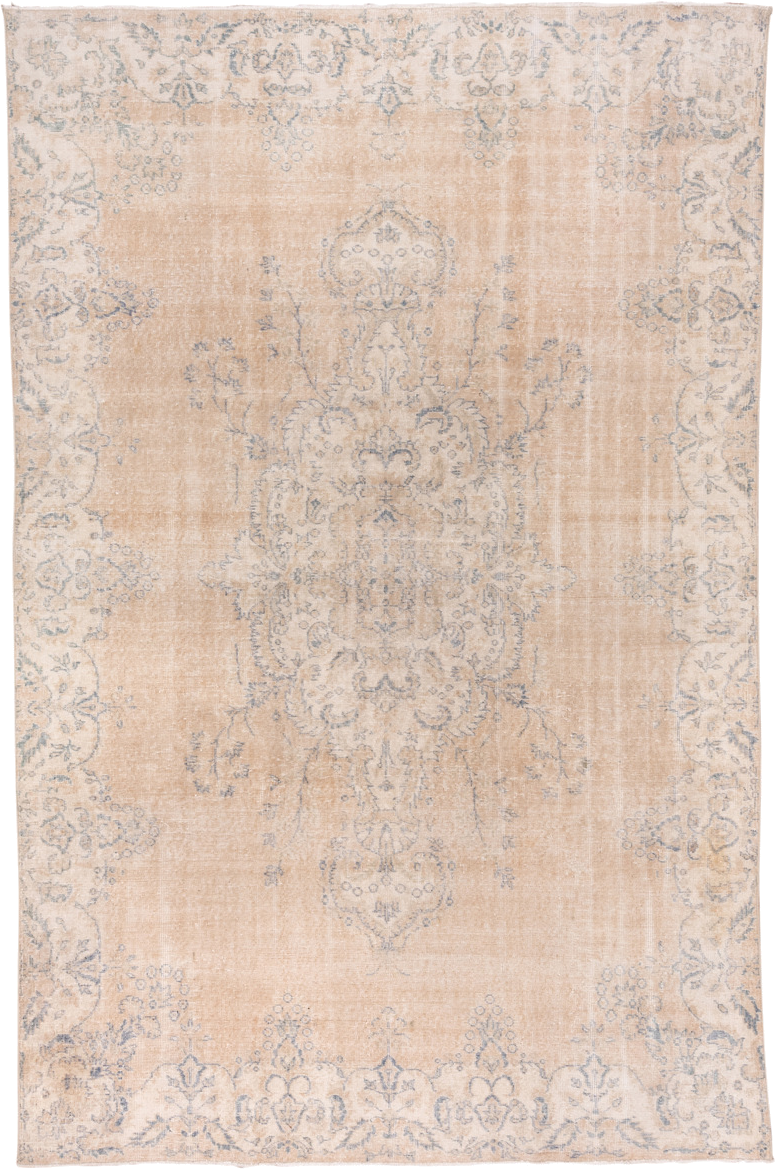 7' x 10' one-of-a-kind handmade vintage Oushak large size rug. Color palette: peach, ivory, pale blue, cream, beige