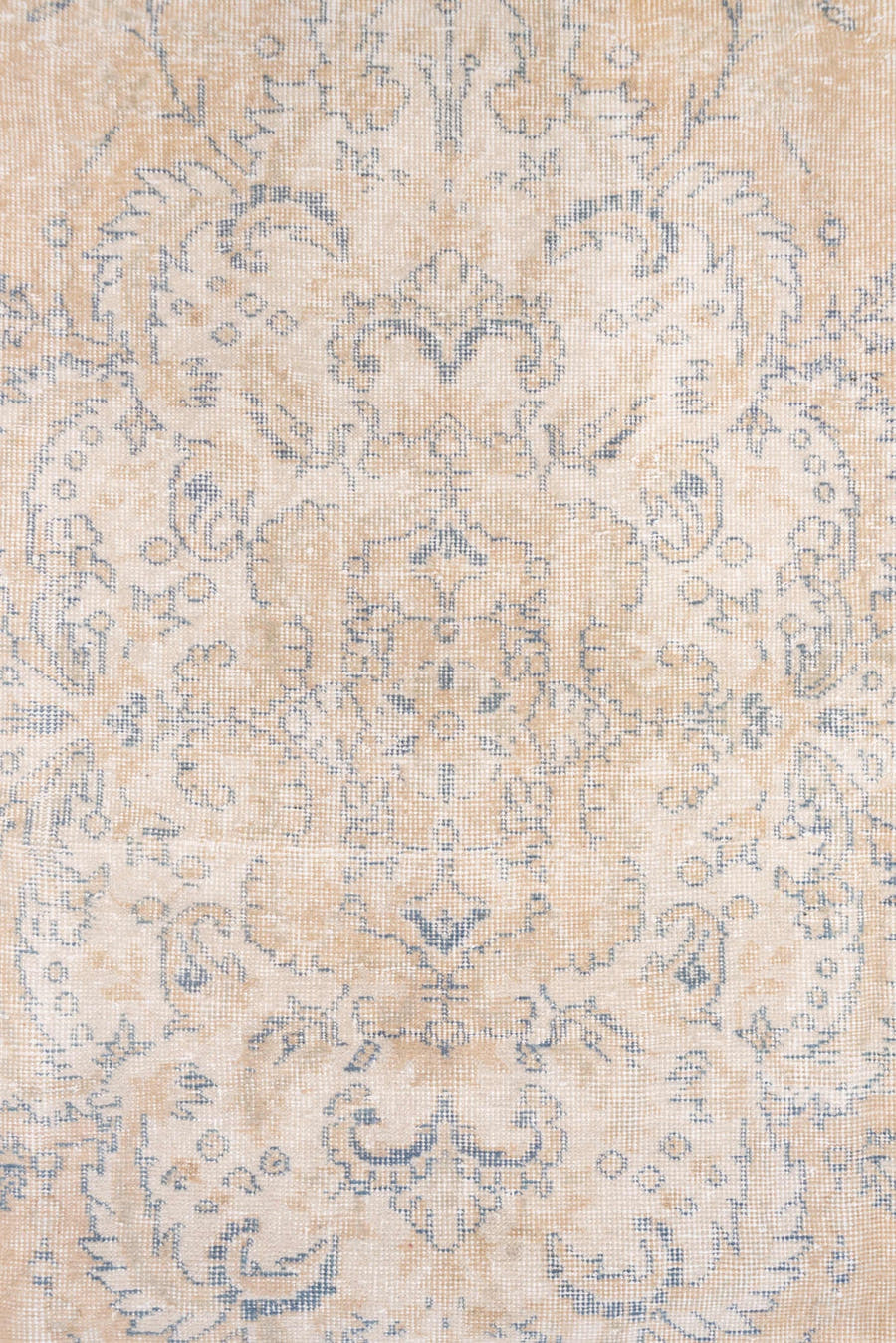 7' x 10' one-of-a-kind handmade vintage Oushak large size rug. Color palette: peach, ivory, pale blue, cream, beige