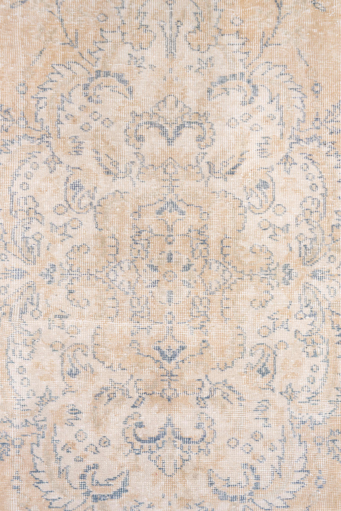 7' x 10' one-of-a-kind handmade vintage Oushak large size rug. Color palette: peach, ivory, pale blue, cream, beige