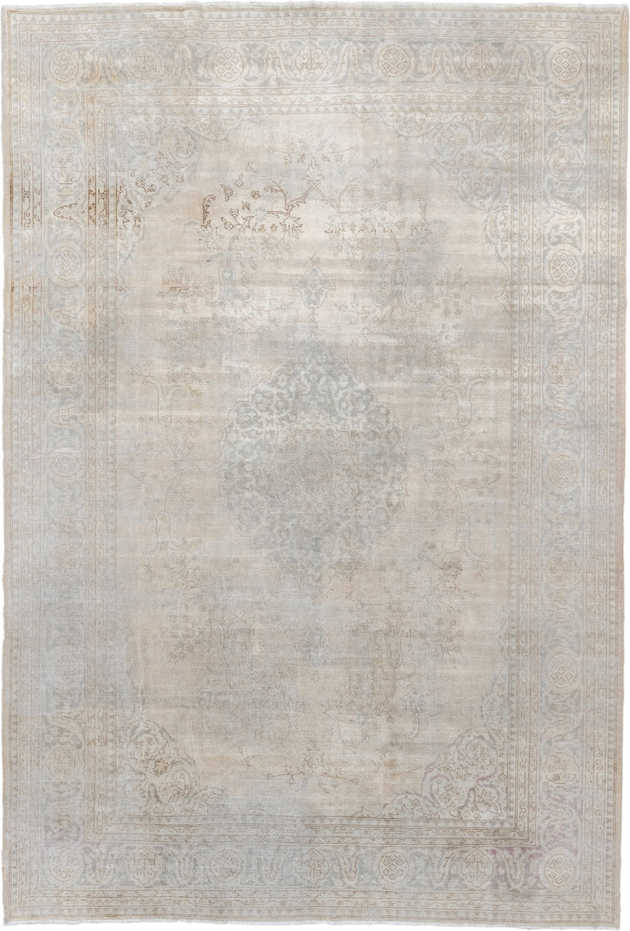 8' x 12' one-of-a-kind handmade vintage Sparta large size rug. Color palette: ivory, taupe, powder blue, cream, pale gray