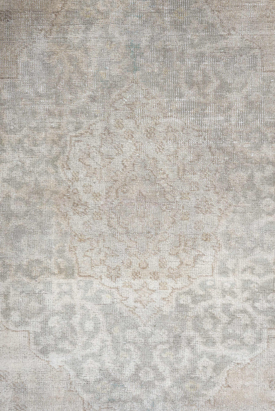 8' x 12' one-of-a-kind handmade vintage Sparta large size rug. Color palette: ivory, taupe, powder blue, cream, pale gray
