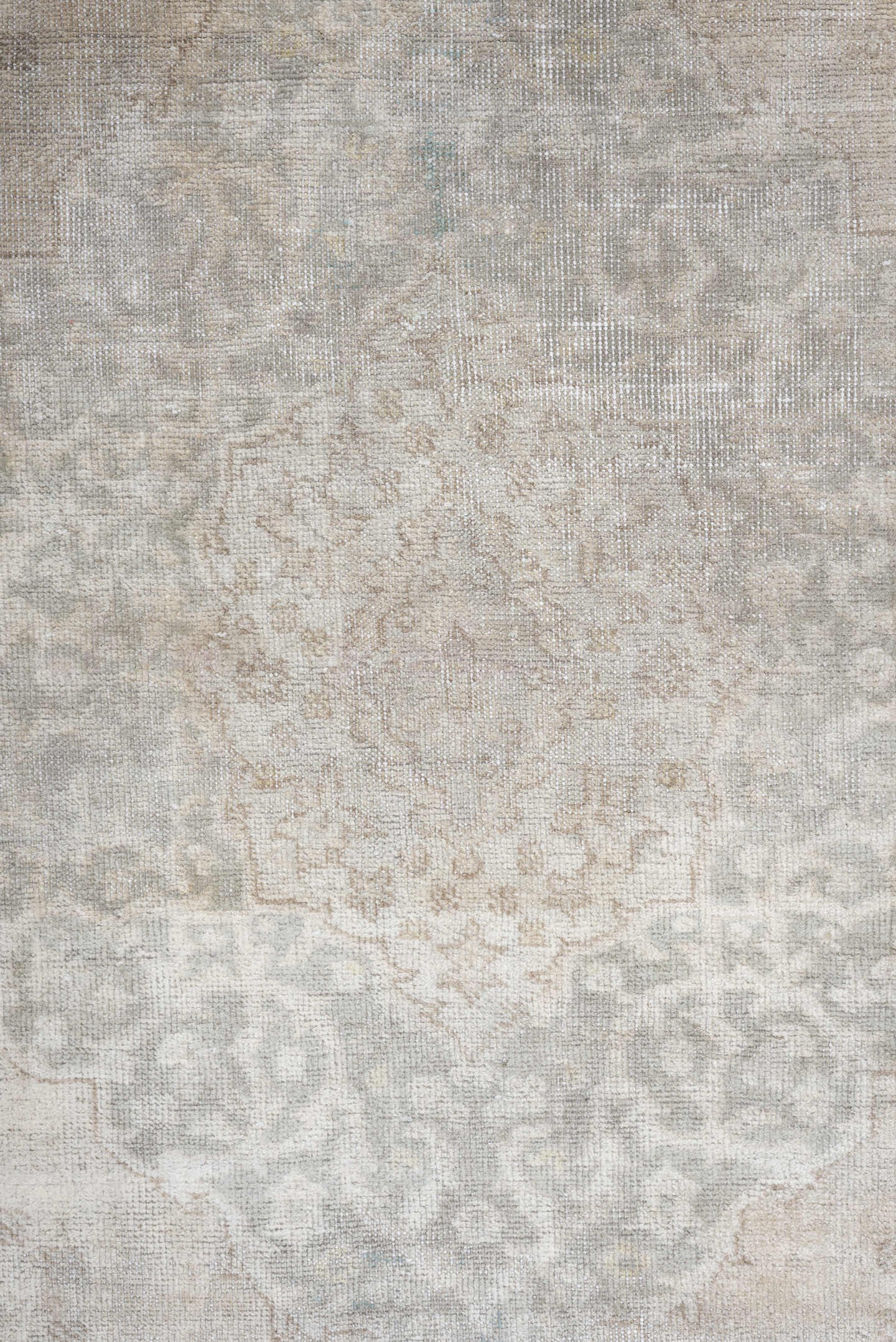 8' x 12' one-of-a-kind handmade vintage Sparta large size rug. Color palette: ivory, taupe, powder blue, cream, pale gray