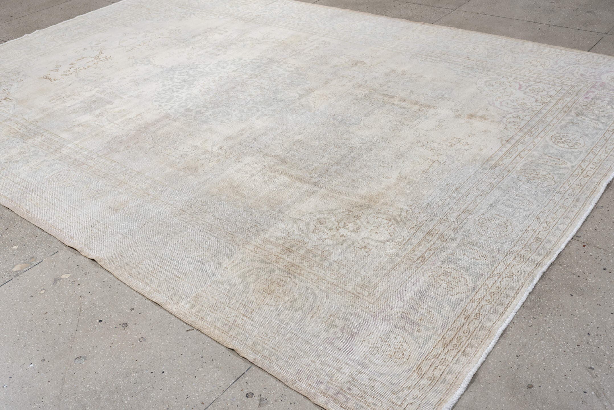 8' x 12' one-of-a-kind handmade vintage Sparta large size rug. Color palette: ivory, taupe, powder blue, cream, pale gray