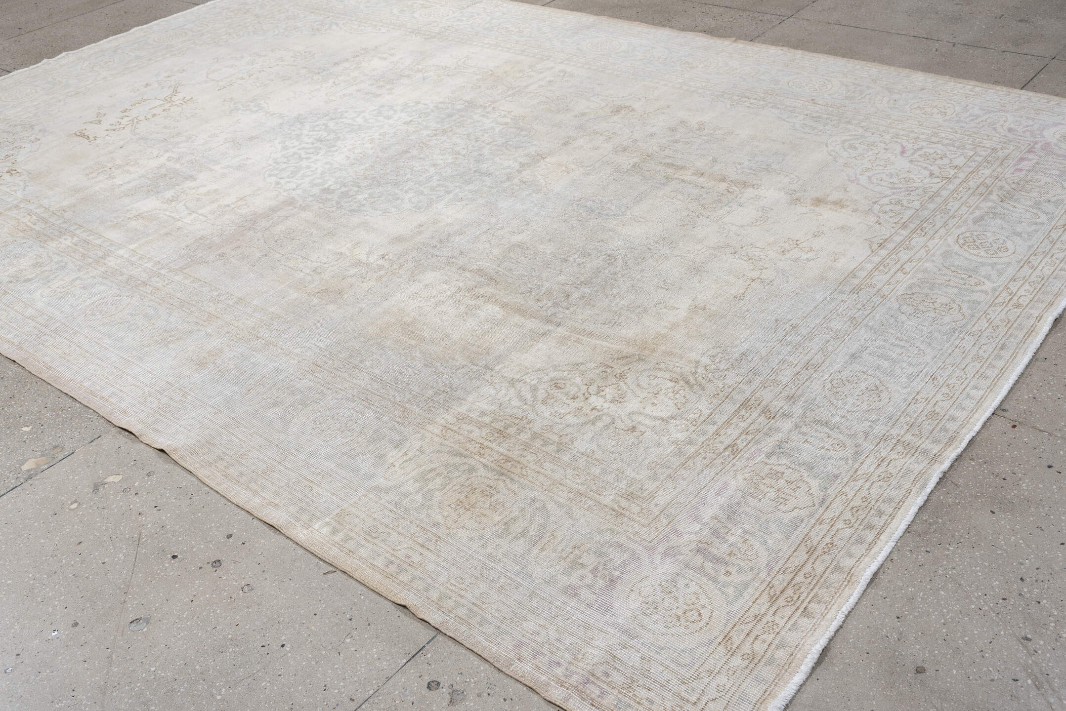 8' x 12' one-of-a-kind handmade vintage Sparta large size rug. Color palette: ivory, taupe, powder blue, cream, pale gray