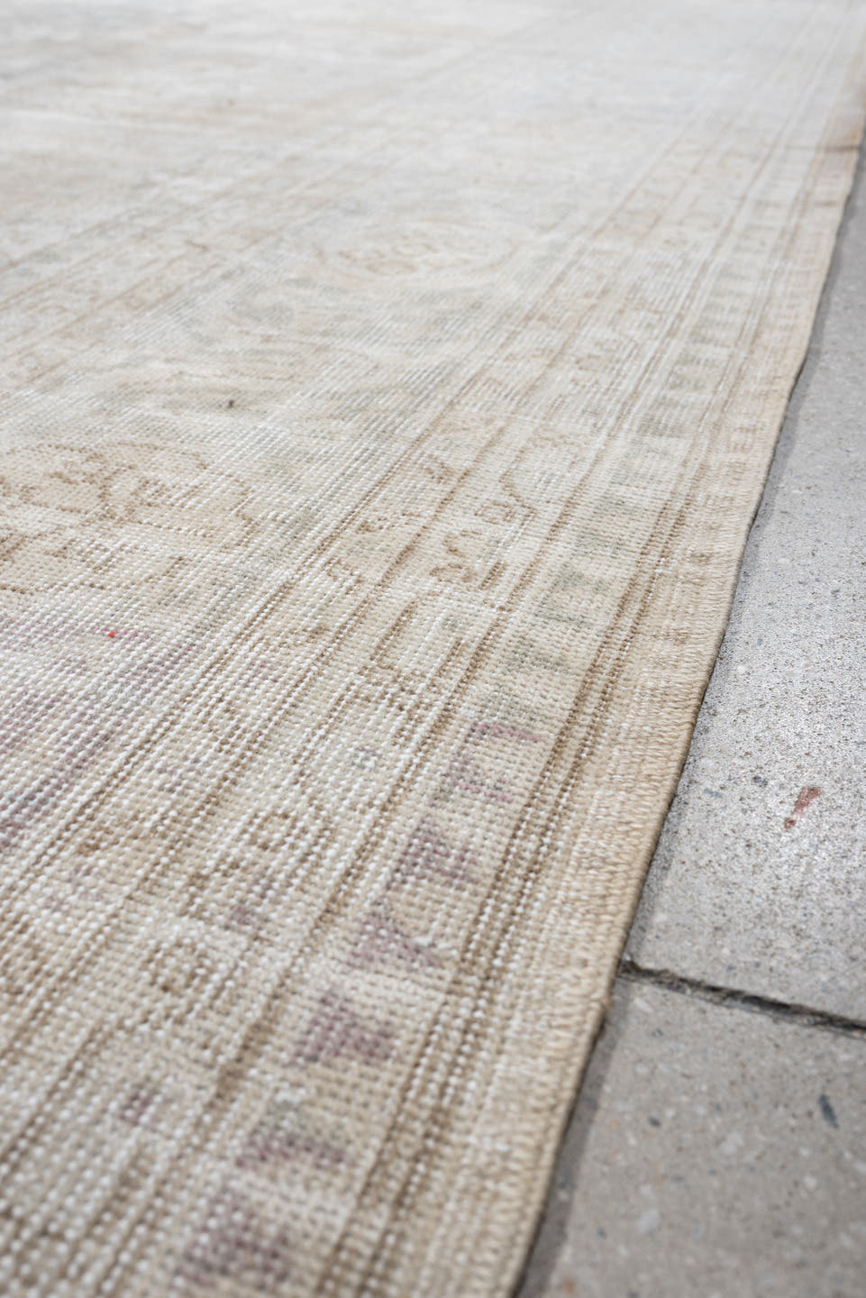8' x 12' one-of-a-kind handmade vintage Sparta large size rug. Color palette: ivory, taupe, powder blue, cream, pale gray