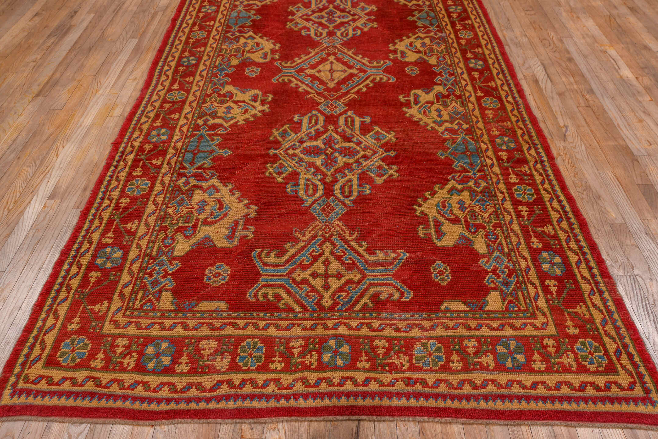 6' x 11' one-of-a-kind handmade antique Oushak large size rug. Color palette: red, ivory, soft blue, camel, rust, slate