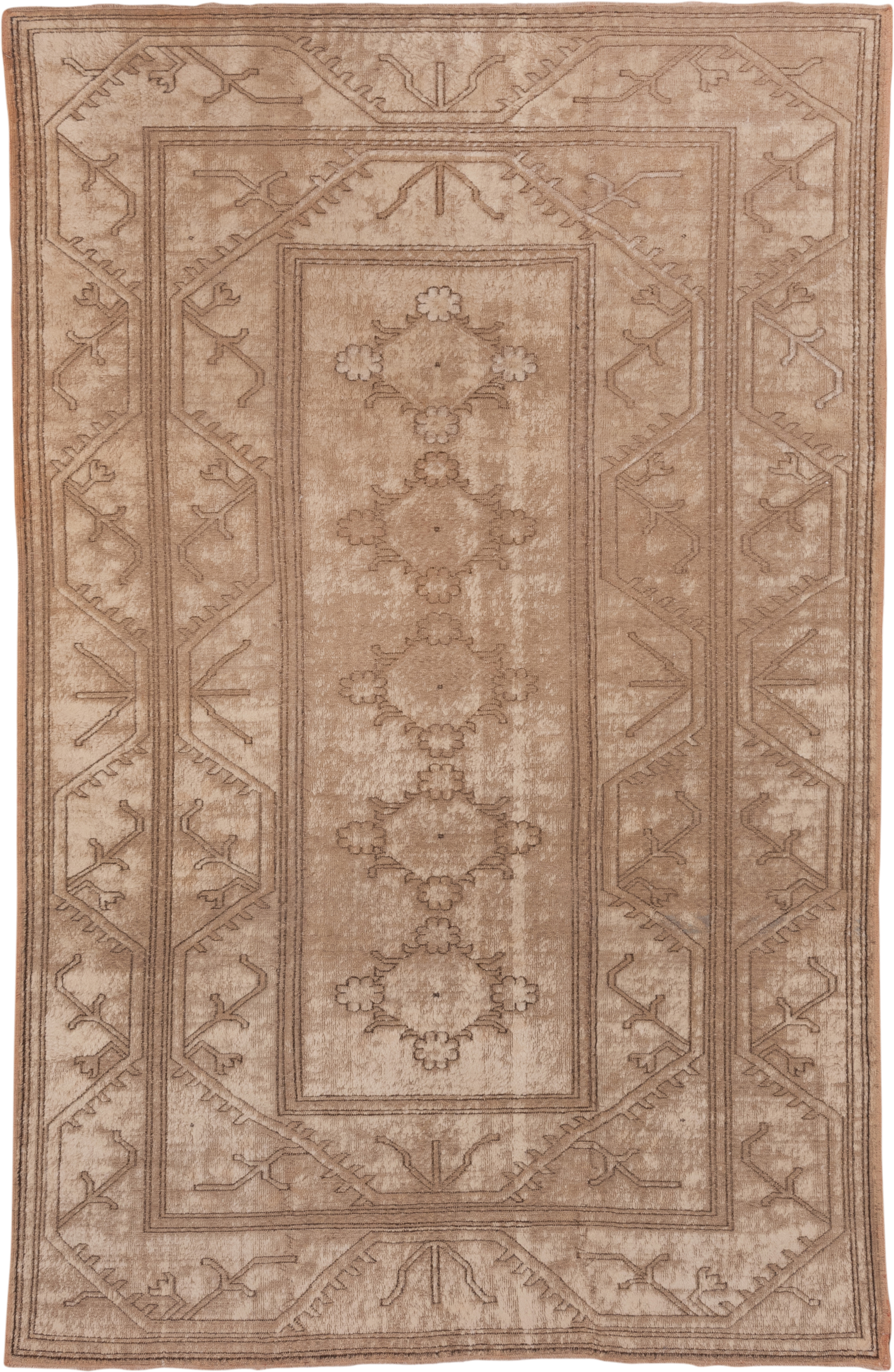 6' x 10' one-of-a-kind handmade vintage Oushak large size rug. Color palette: taupe, beige, camel, ivory, sand, brown, gray