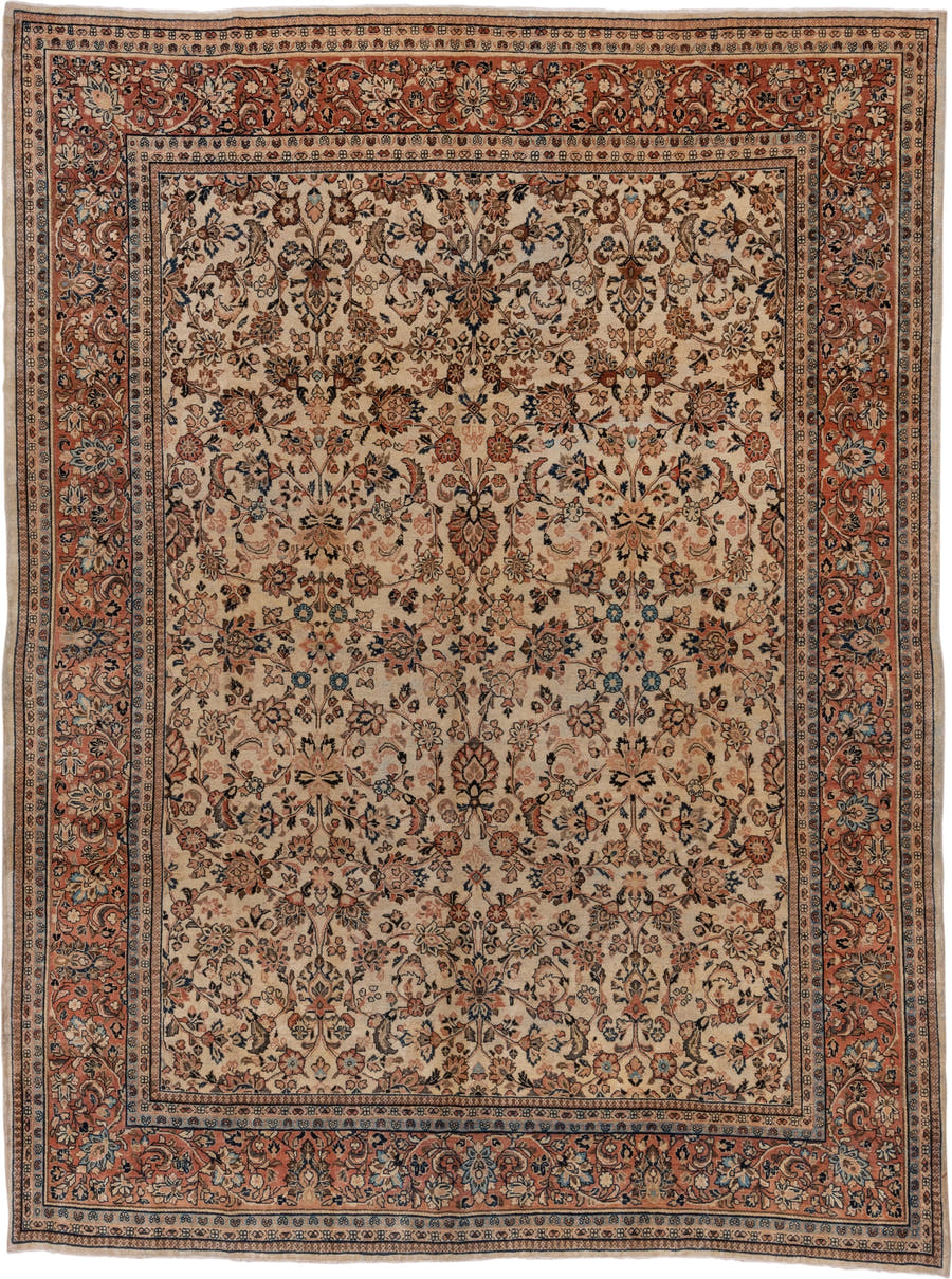 8' x 11' one-of-a-kind handmade antique Sarouk large size rug. Color palette: ivory, rust, navy, soft blue, camel, taupe