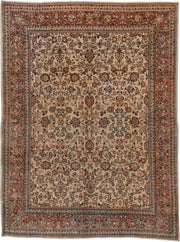 8' x 11' one-of-a-kind handmade antique Sarouk large size rug. Color palette: ivory, rust, navy, soft blue, camel, taupe