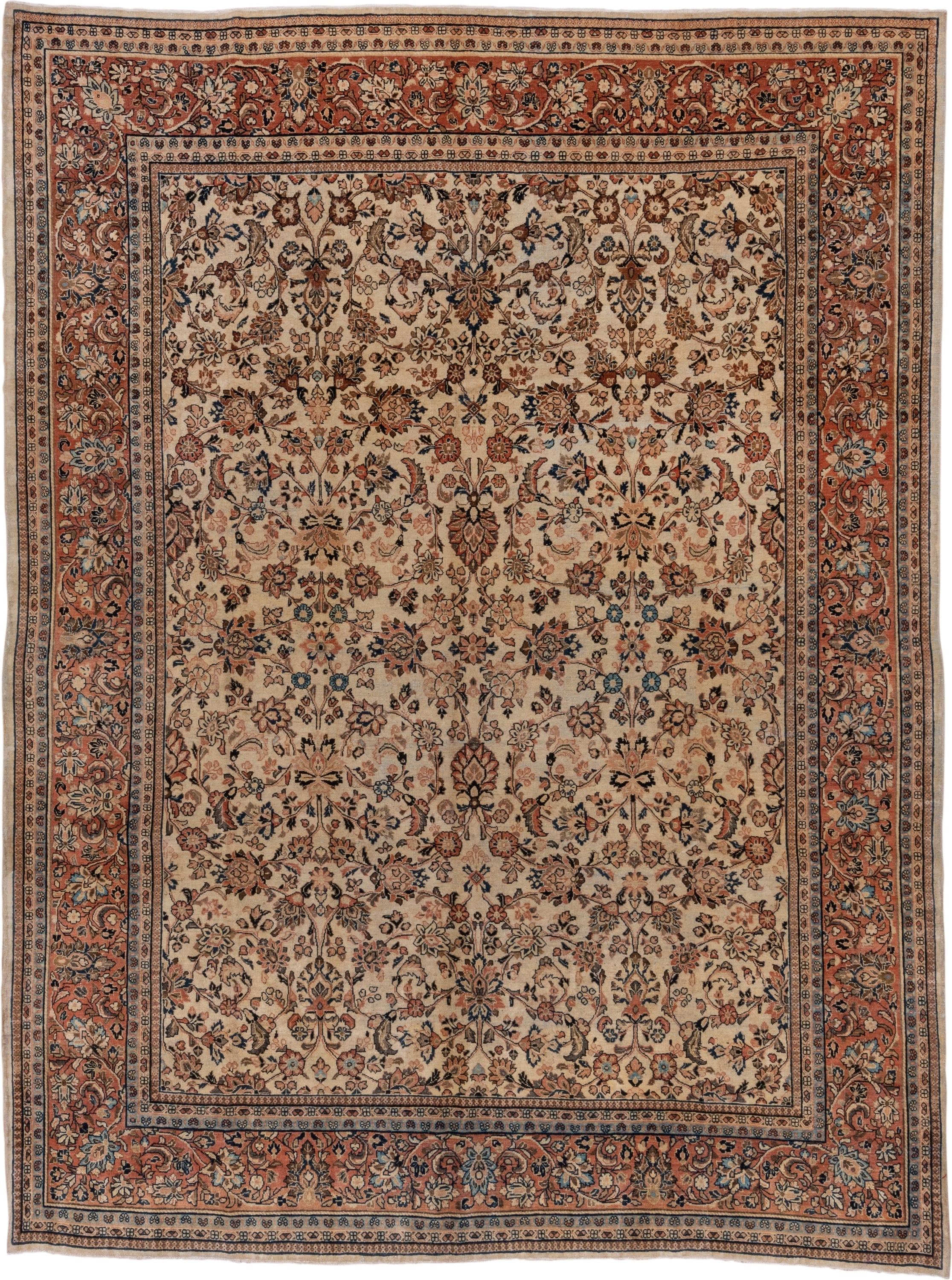 8' x 11' one-of-a-kind handmade antique Sarouk large size rug. Color palette: ivory, rust, navy, soft blue, camel, taupe