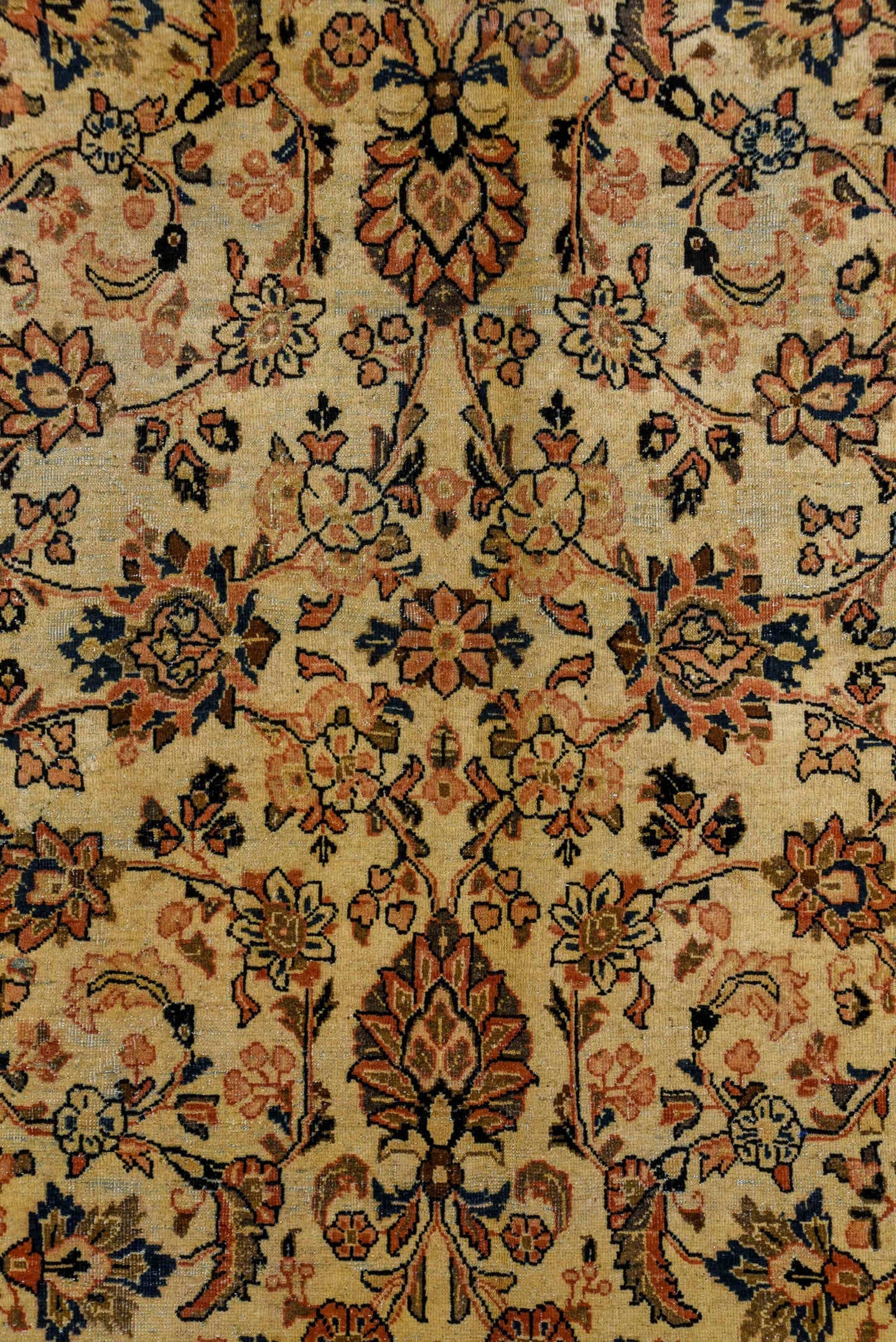 8' x 11' one-of-a-kind handmade antique Sarouk large size rug. Color palette: ivory, rust, navy, soft blue, camel, taupe