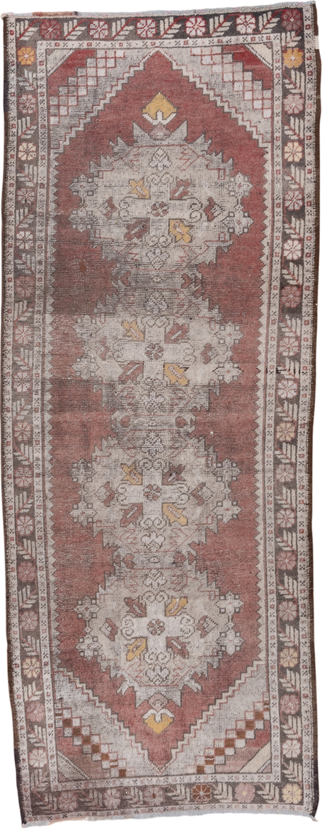 3' x 9' one-of-a-kind handmade vintage Oushak runner rug. Color palette: terra cotta, ivory, taupe, charcoal, gold, rose