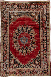 5' x 7' one-of-a-kind handmade vintage Oushak rug. Color palette: red, ivory, charcoal, camel, sky_blue, rose, olive, gray