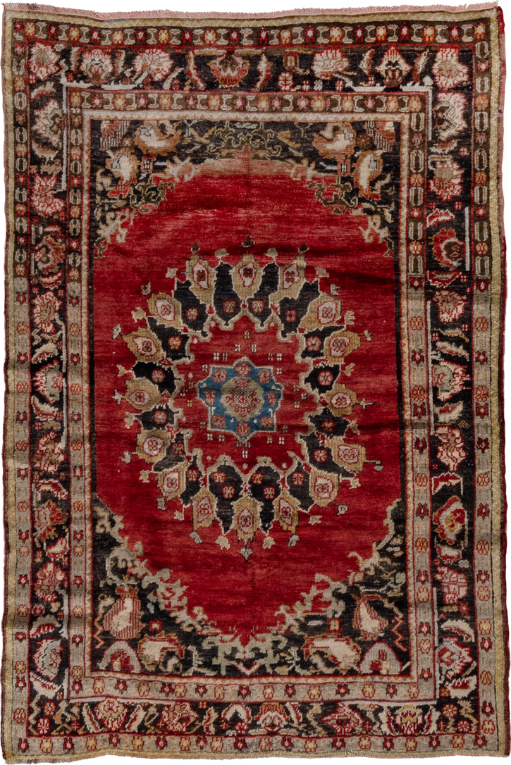 5' x 7' one-of-a-kind handmade vintage Oushak rug. Color palette: red, ivory, charcoal, camel, sky_blue, rose, olive, gray