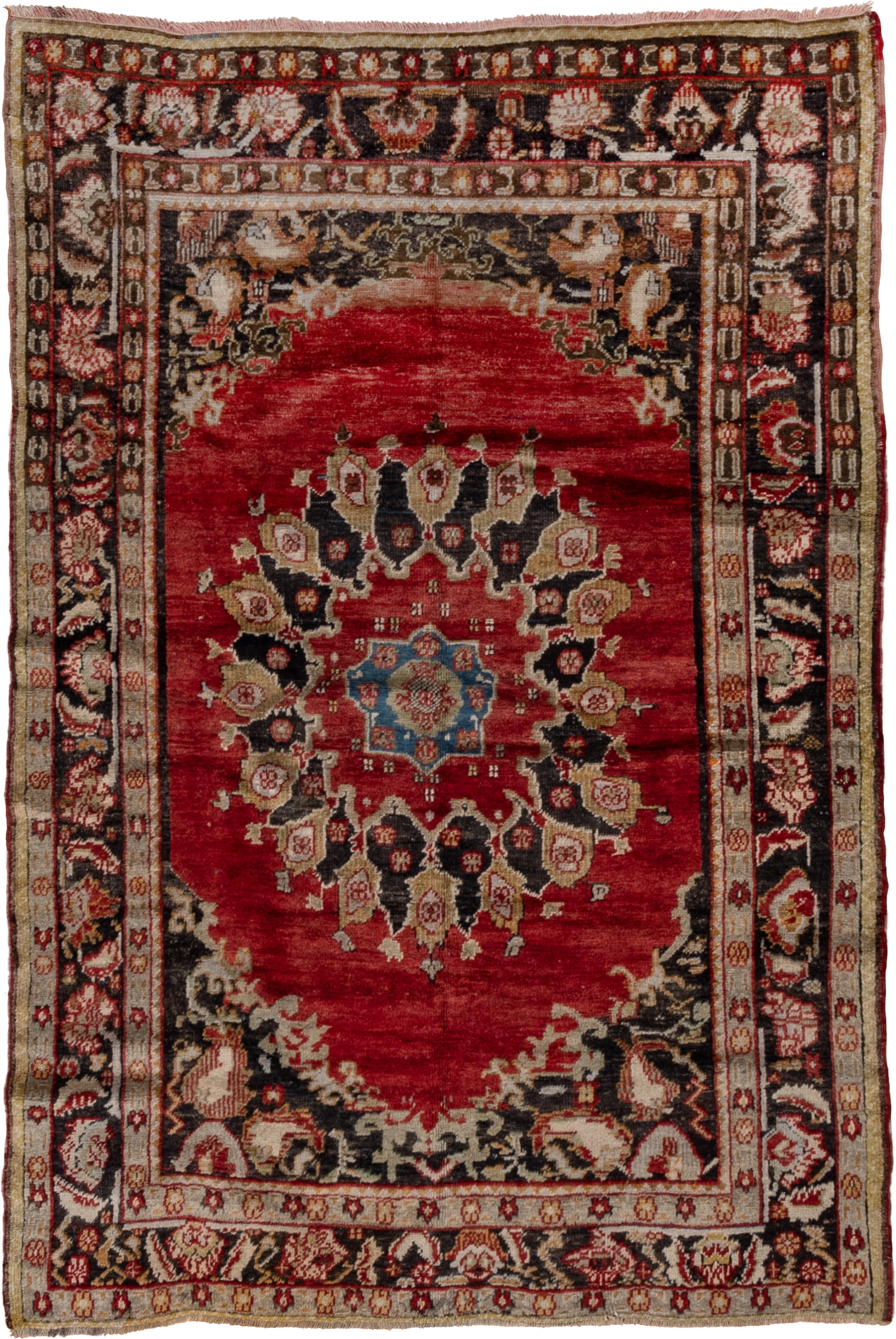 5' x 7' one-of-a-kind handmade vintage Oushak rug. Color palette: red, ivory, charcoal, camel, sky_blue, rose, olive, gray