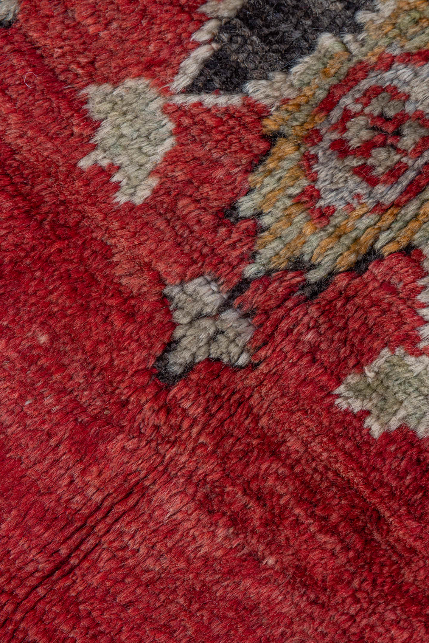 5' x 7' one-of-a-kind handmade vintage Oushak rug. Color palette: red, ivory, charcoal, camel, sky_blue, rose, olive, gray