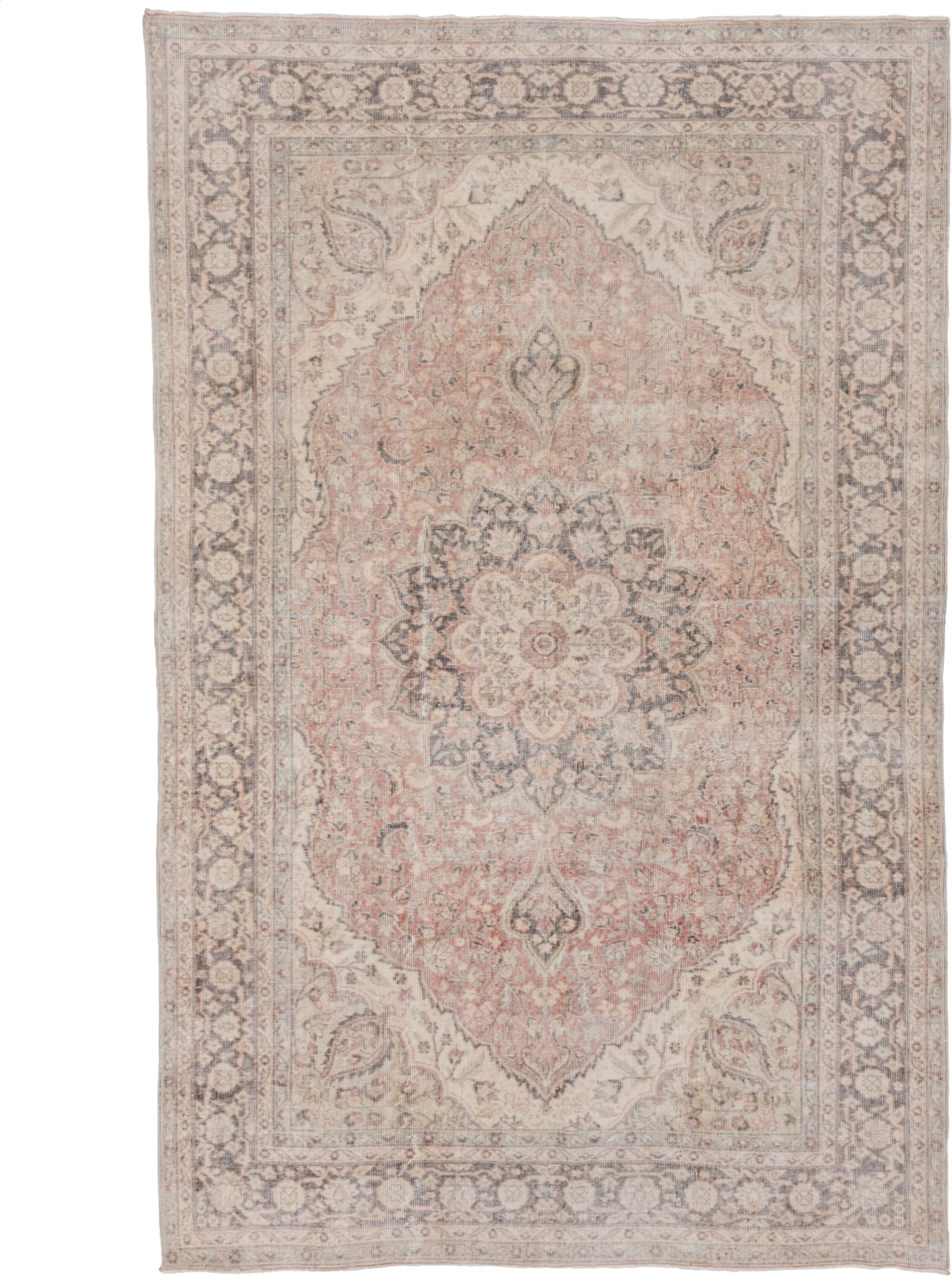 6' x 9' one-of-a-kind handmade vintage Oushak medium size rug. Color palette: ivory, blush, taupe, slate, beige, soft gray