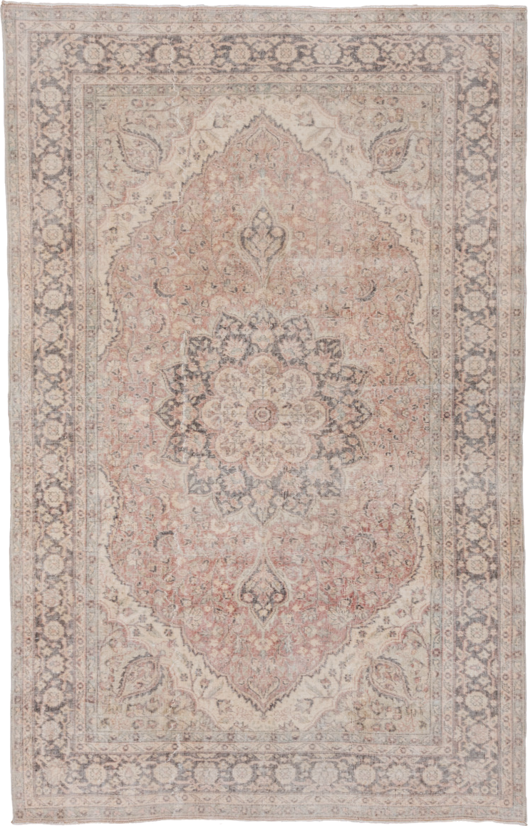 6' x 9' one-of-a-kind handmade vintage Oushak medium size rug. Color palette: ivory, blush, taupe, slate, beige, soft gray