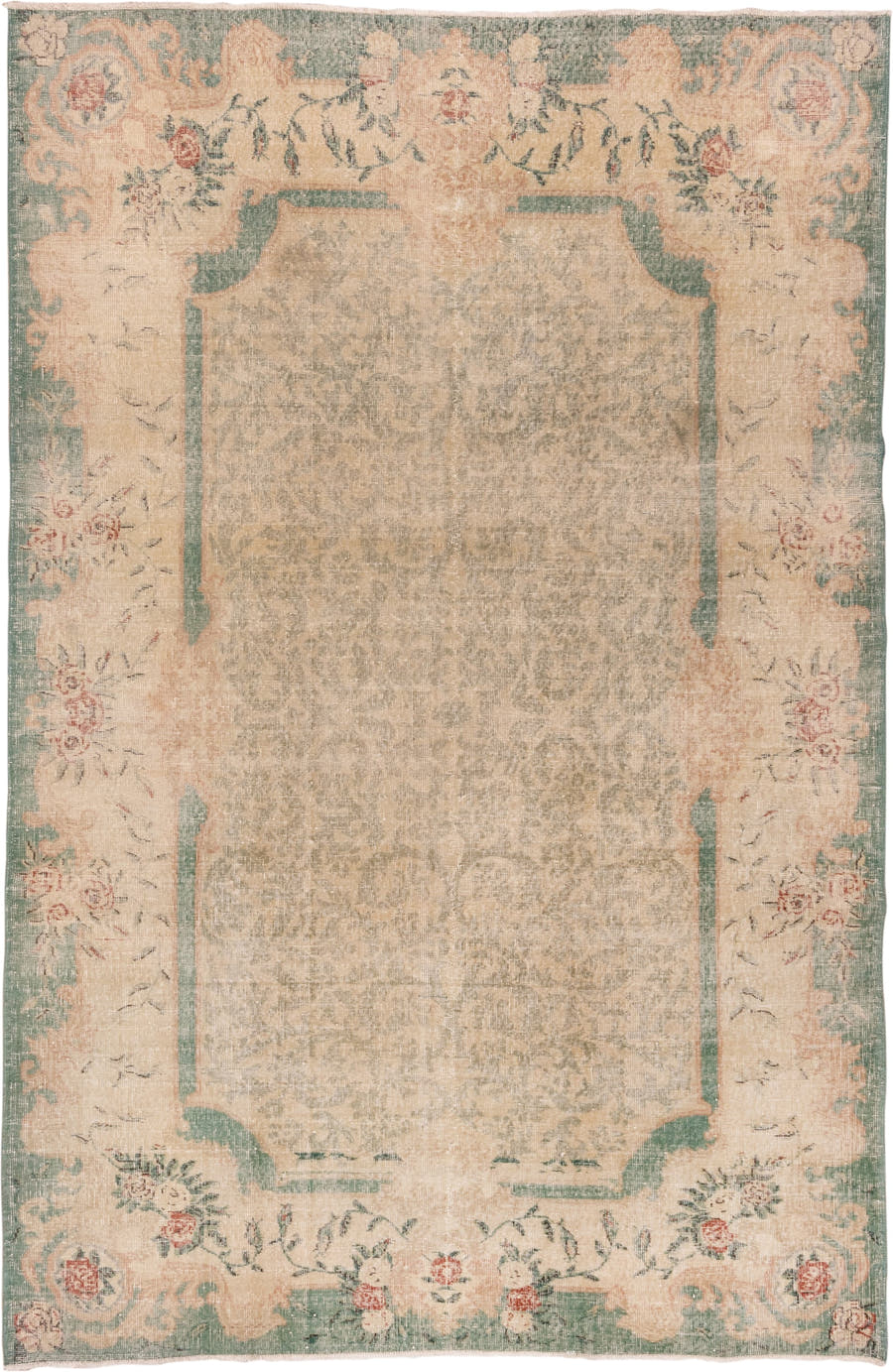 7' x 10' one-of-a-kind handmade vintage Oushak large size rug. Color palette: ivory, sage, blush, beige, coral, taupe, green