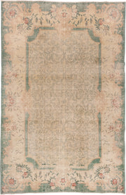 7' x 10' one-of-a-kind handmade vintage Oushak large size rug. Color palette: ivory, sage, blush, beige, coral, taupe, green