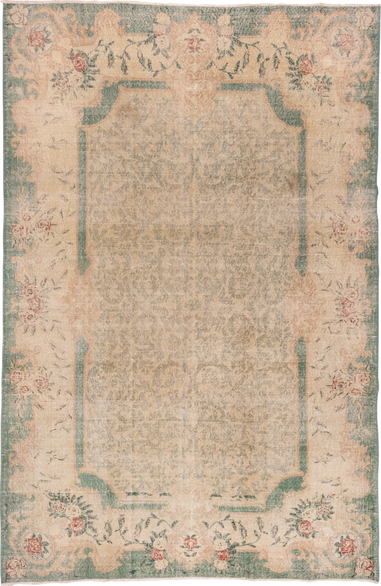 7' x 10' one-of-a-kind handmade vintage Oushak large size rug. Color palette: ivory, sage, blush, beige, coral, taupe, green