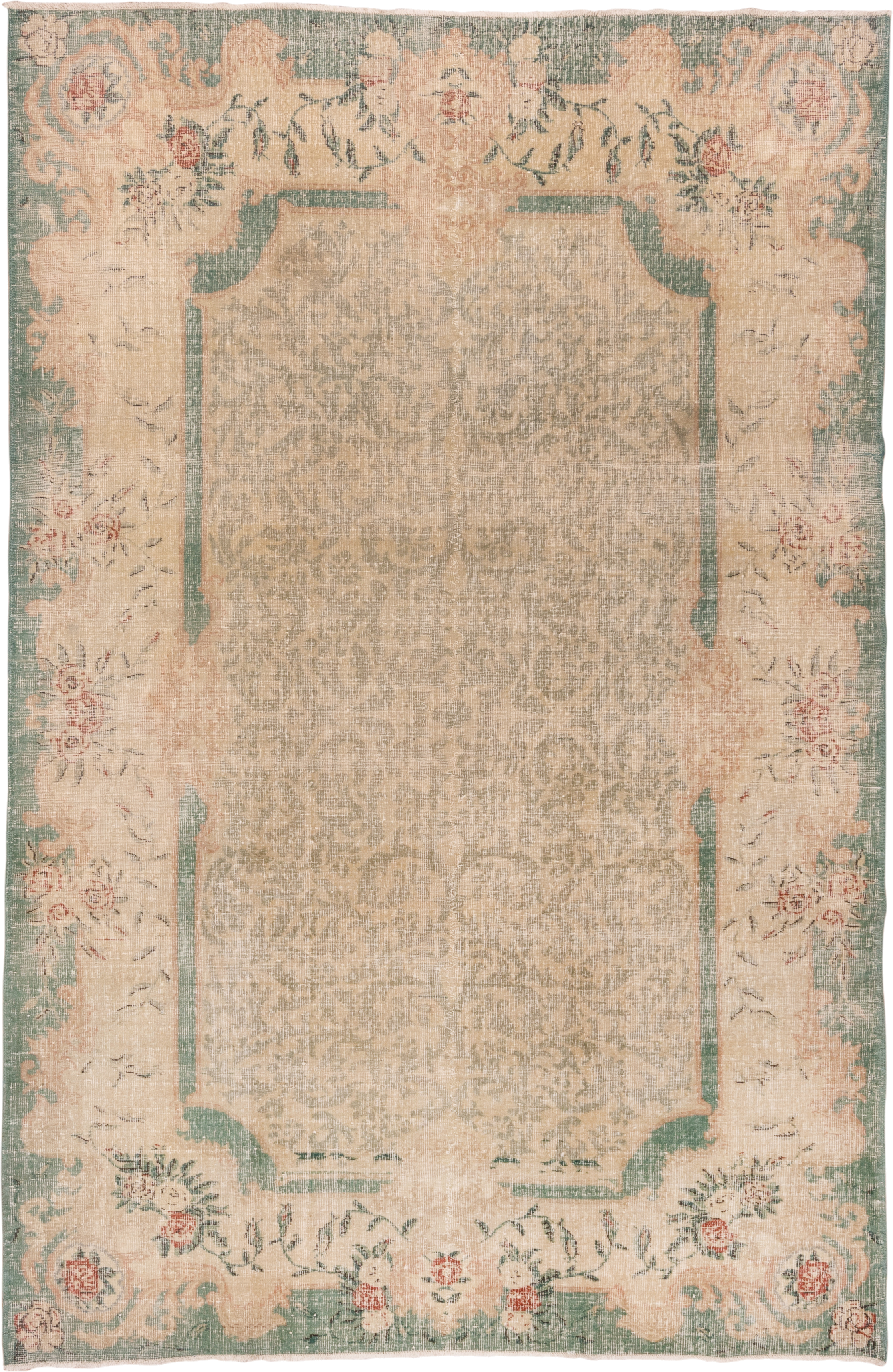 7' x 10' one-of-a-kind handmade vintage Oushak large size rug. Color palette: ivory, sage, blush, beige, coral, taupe, green